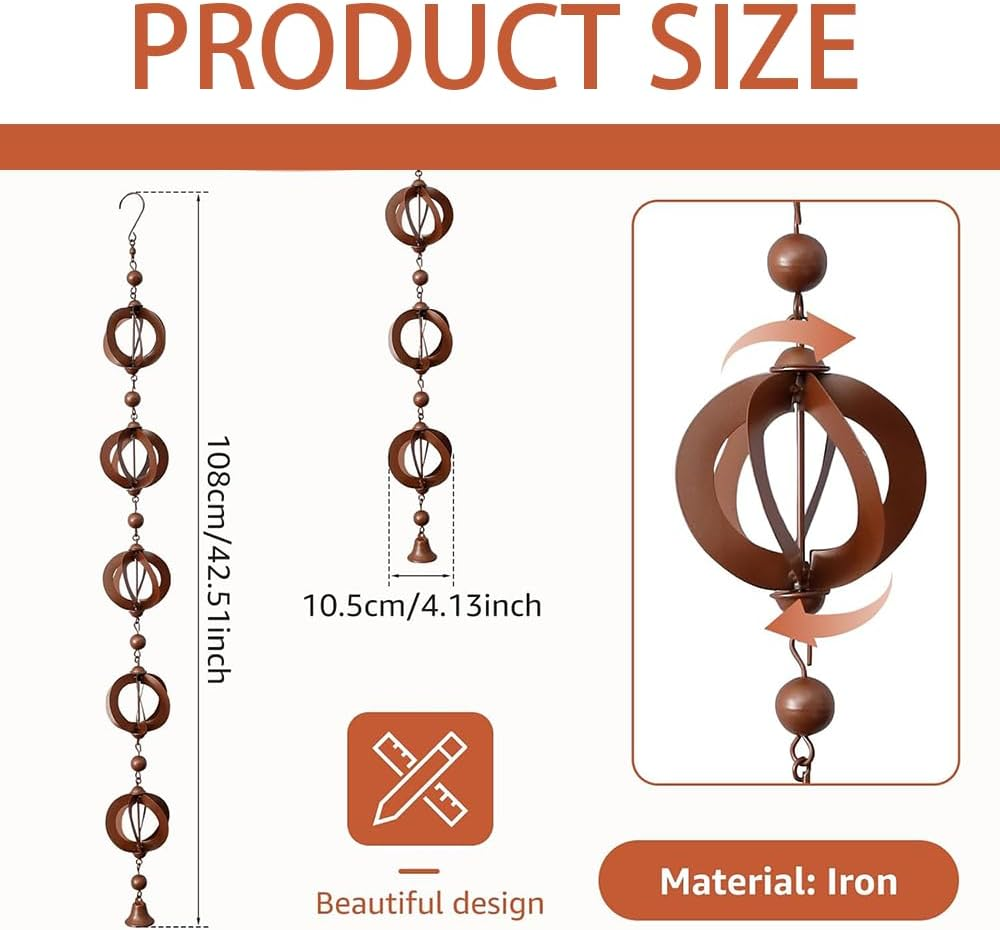 Rain Chain,Chains for Gutters with Bell,Metal Decorative Rain Gutter Chime Home Decor,Functional Replacement Downspout Chain,For Shop,Garden, Backyard, Lawn image number 4