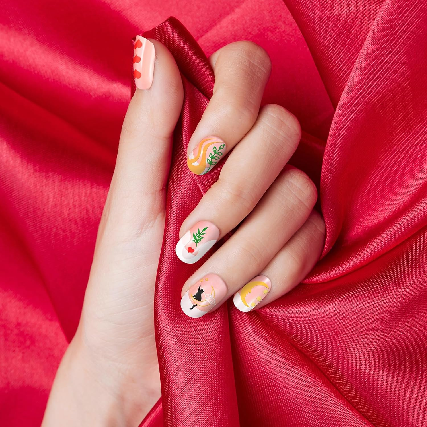 MWOOT 4 Pieces Nail Stencil Stamp Set, Stripes Lines Flower Leaves Moon Cat Theme Stamp Nail Design, French Nail Art Stamping Plates Nail Stamping Manicure Tool Kit