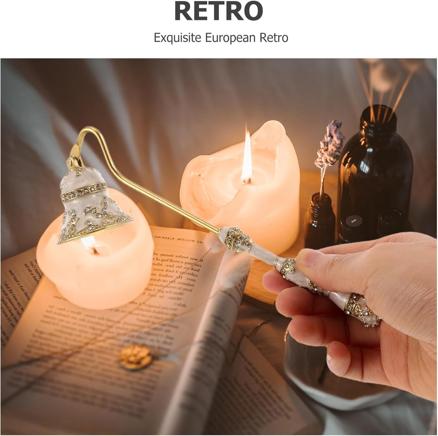 VICASKY Handheld Wick Fire Extinguisher Vintage Metal Candle Snuffer Odor Elimination Tool for Aromatherapy Candles Home Hotel Restaurant