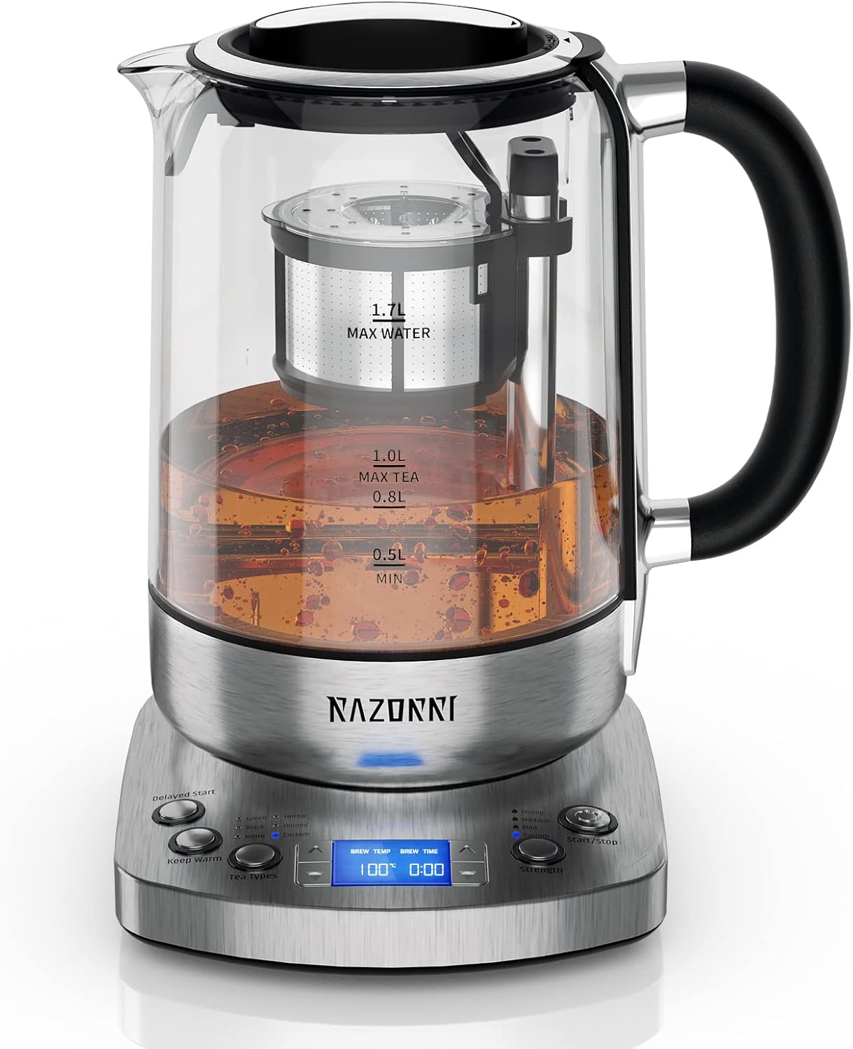 Razorri Electric Tea Maker - 1.7 L, Automatic Lifting Basket, BPA Free, 5 Types and 3 Brewing Strengths, Keep Warm up to 60 Minutes, Programmable Time, with Stainless Steel