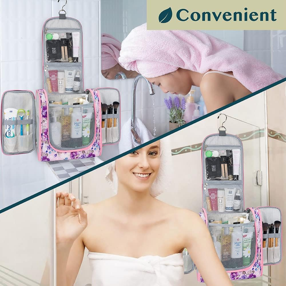 PAVILIA Extra Large Toiletry Bag Travel Bag for Women Men, Hanging Cosmetic Organizer, Water Resistant Makeup Bag for Accessories Toiletries, Travel Essentials Kit (Floral Pink) image number 4