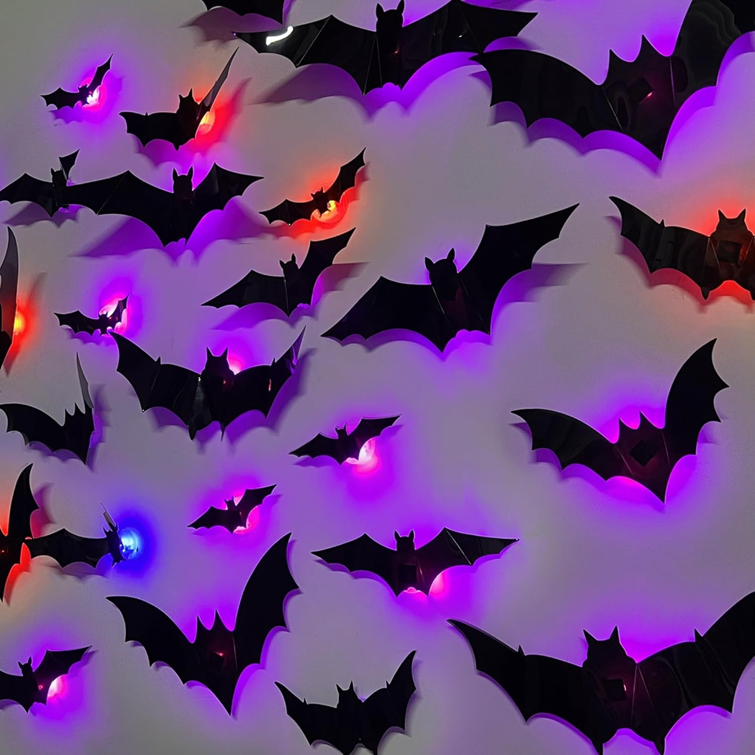 2025 New 3D Bats Halloween Wall Decor 36Pcs, 3D Bat Lights Design LED Decorations, Lighted Bat Stickers Assorted Size for Halloween Party, Bedroom Window Decorations, Indoor and Outdoor Home Decals image number 2