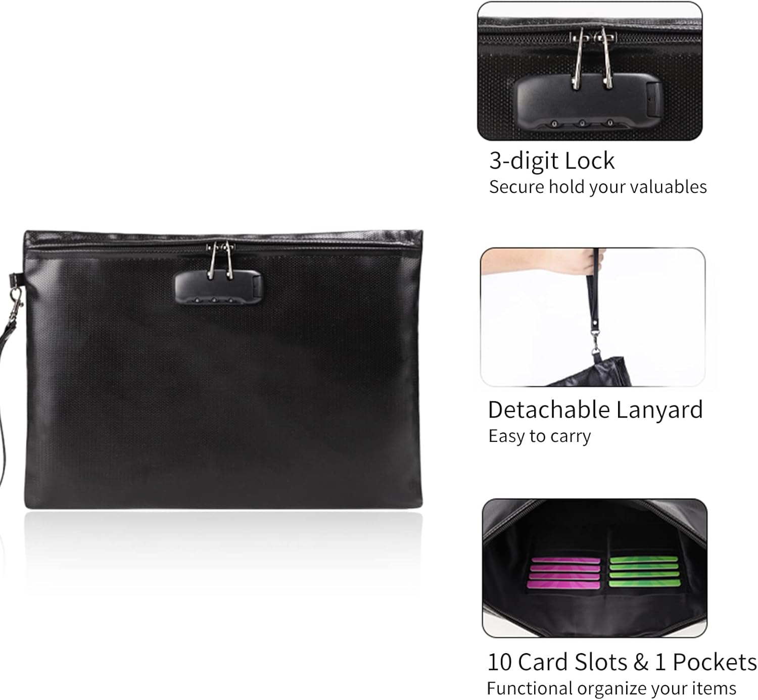 Julycrab Fireproof Document Bag with Lock Money Safety Organizer Zipper Closure Storage Pouch Pocket with 10 Cards Slot for for A4 Documents File Cash Passport Certificates Home Office Travel image number 1