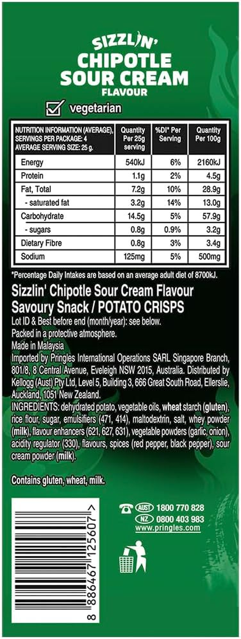 Pringles Sizzlin' Chipotle Sour Cream Potato Chips, 12 Pack (12X118G) image number 1