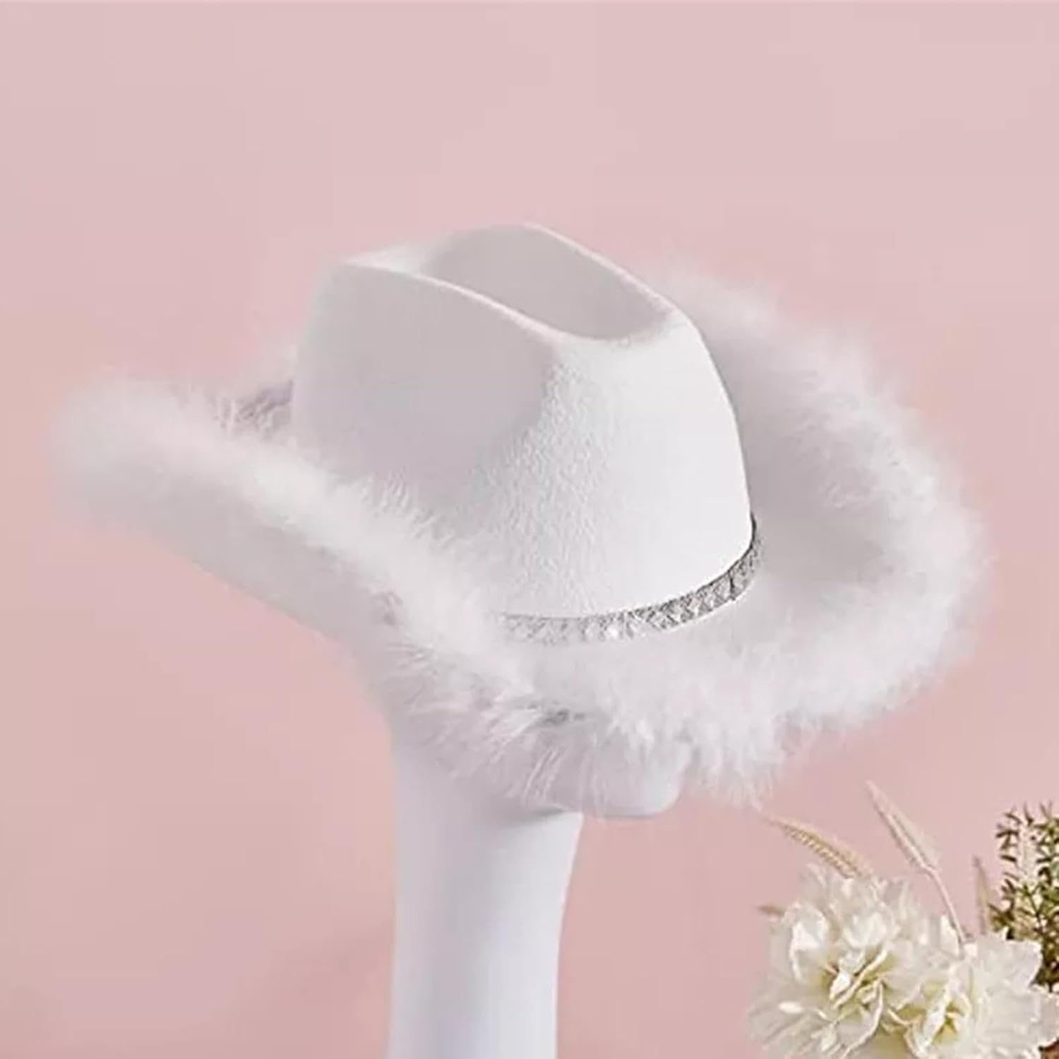 Cowboy Hat with Feathers,White Bride Western Cowgirl Hats - White Feather Trim Cow Girl Hat for Women, Music Festival, Beach Party, Cowgirl Party