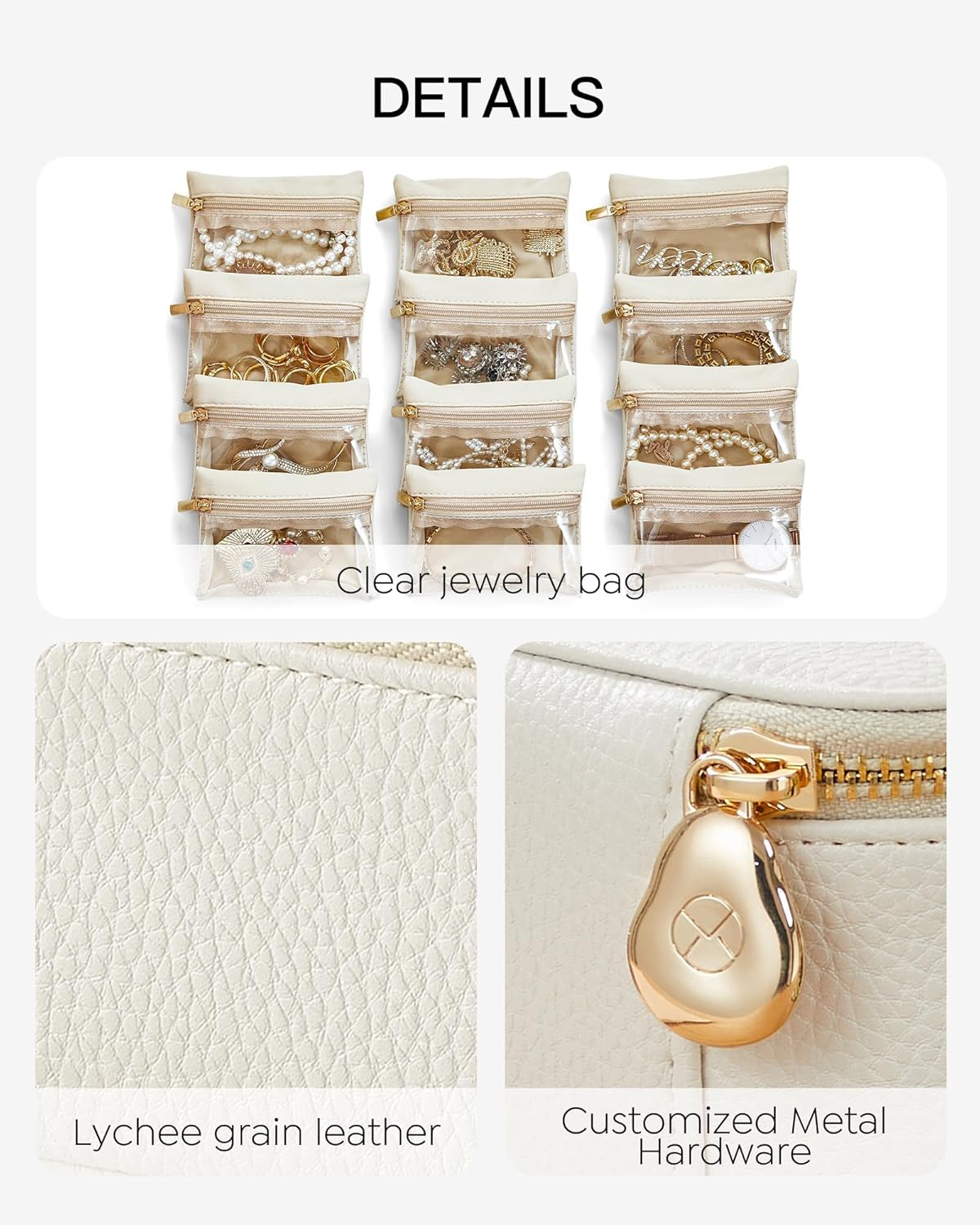 Vlando Travel Jewellery Organiser,Pu Leather Jewellery Box with 12 Velvet Jewellery Pouch, Jewellery Case for Necklace,Ring, Gifts for Women, White-L image number 6