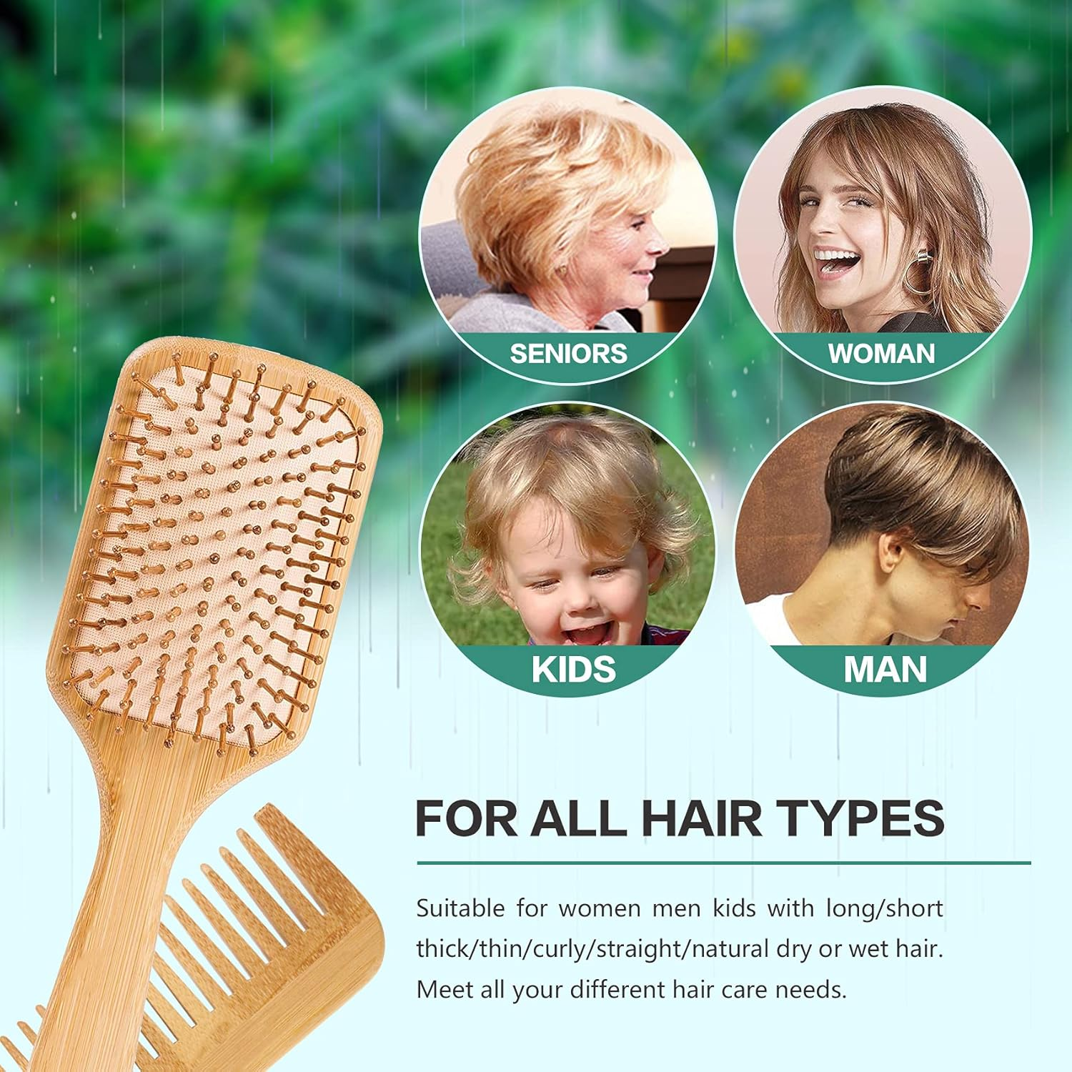 Hair Brush-Natural Wooden Bamboo Detangler Paddle Brush and Comb Set Eco Friendly Hairbrush for Women Men and Kids Thin Long Curly Hair Types and Massage Scalp(2Pcs) image number 1