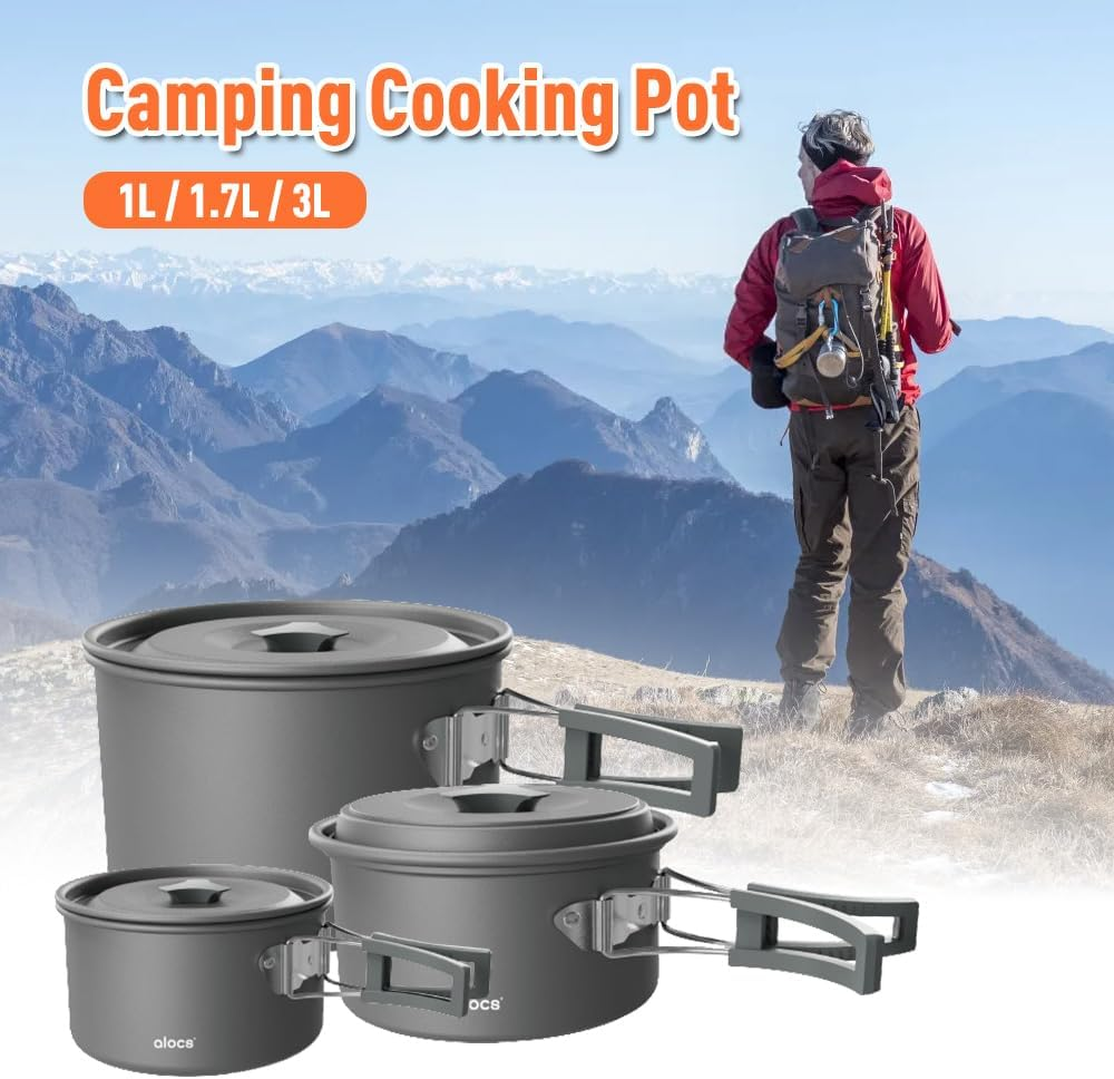 Camping Cooking Pot Aluminum Alloy Camping Cookware with Folding Handle for Camping Picnic Hiking, 1L/1509