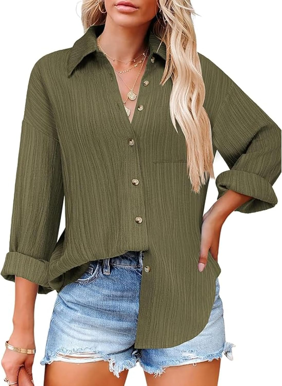 Womens'S Long Sleeve Work Blouses Tops with Pocket Button down Shirts Dress V Neck Casual Solid Long Sleeve