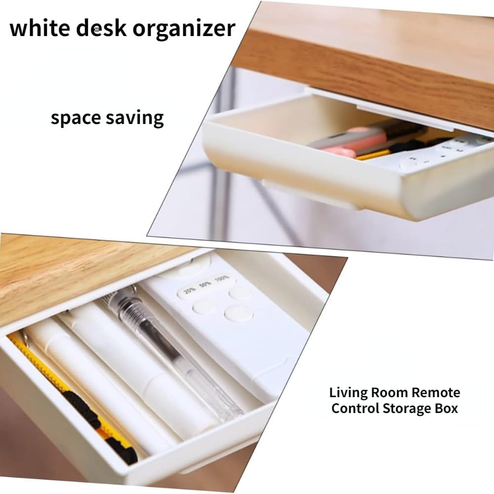 Frafuo 2 Pcs Adhesive Pull Out Drawers for Cabinets-Under Desk Drawer Organiser Tray-Plastic Hidden Drawer Storage-Slide Out under Desk Drawer-Adhesive Hidden Desktop Organizer (White,L+M) image number 5