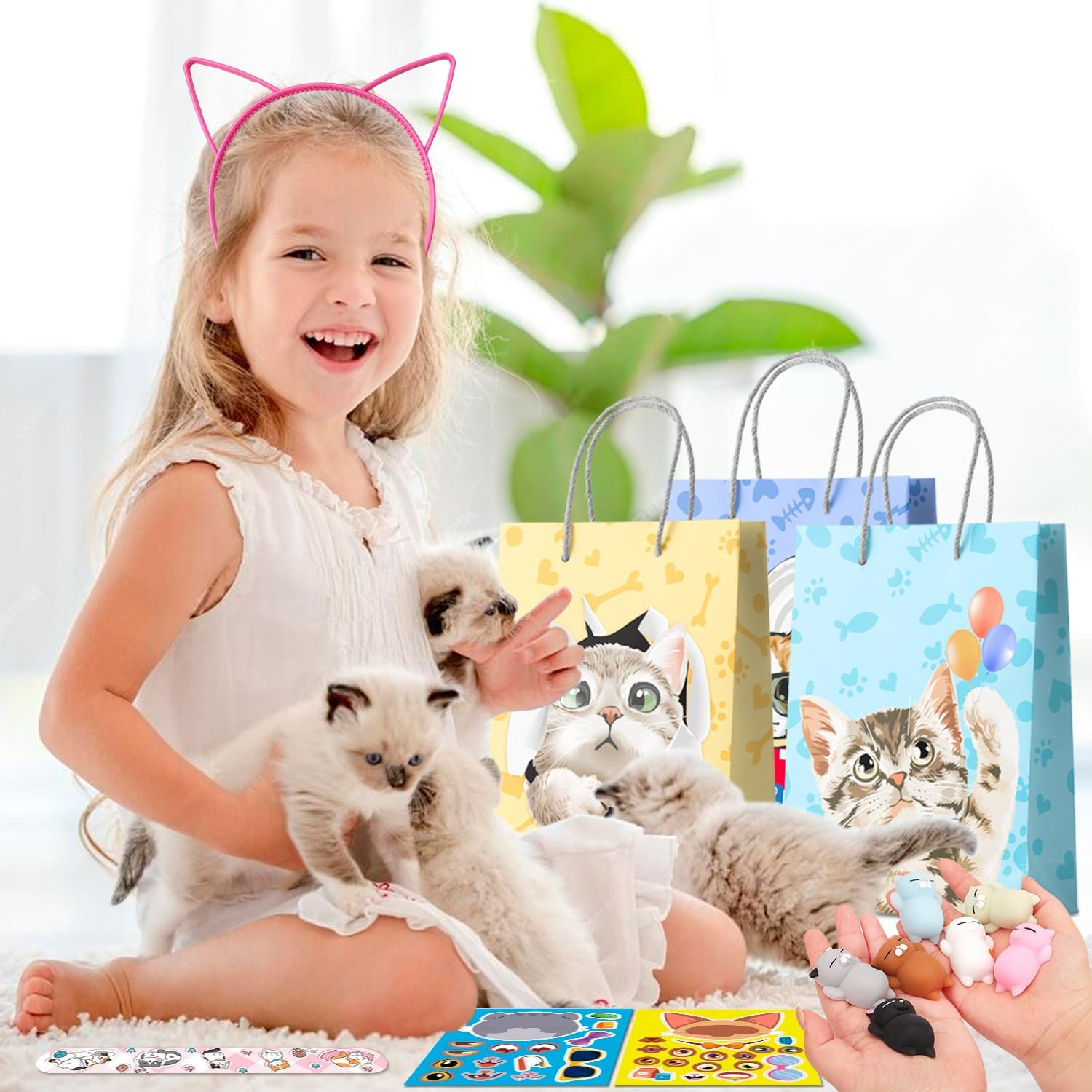Cat Party Favors, 72Pcs Kitty Party Favors Set Including Cat Goodie Bags Ears Headband Stickers Keychains Slap Bracelets Etc Cat Themed Party for Birthday Decorations Supplies image number 3