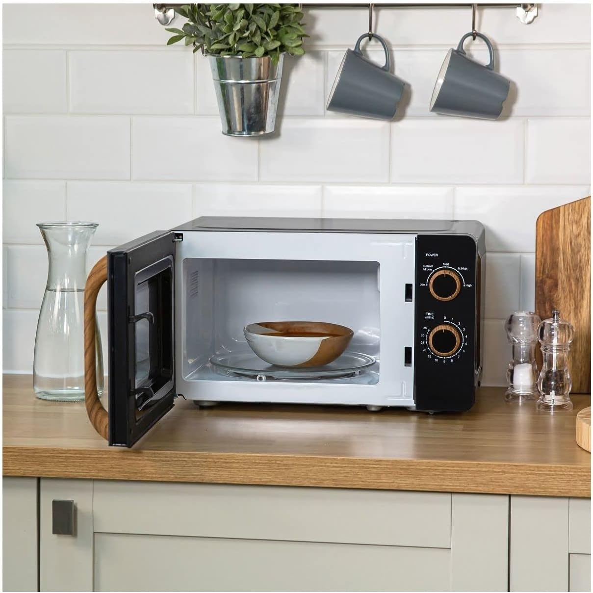 Russell Hobbs RHMM713B-N 17L 700W Scandi Compact Black Manual Microwave with 5 Power Levels, Wood Effect Handle & Dials, Timer, Defrost Setting, Easy Clean image number 1