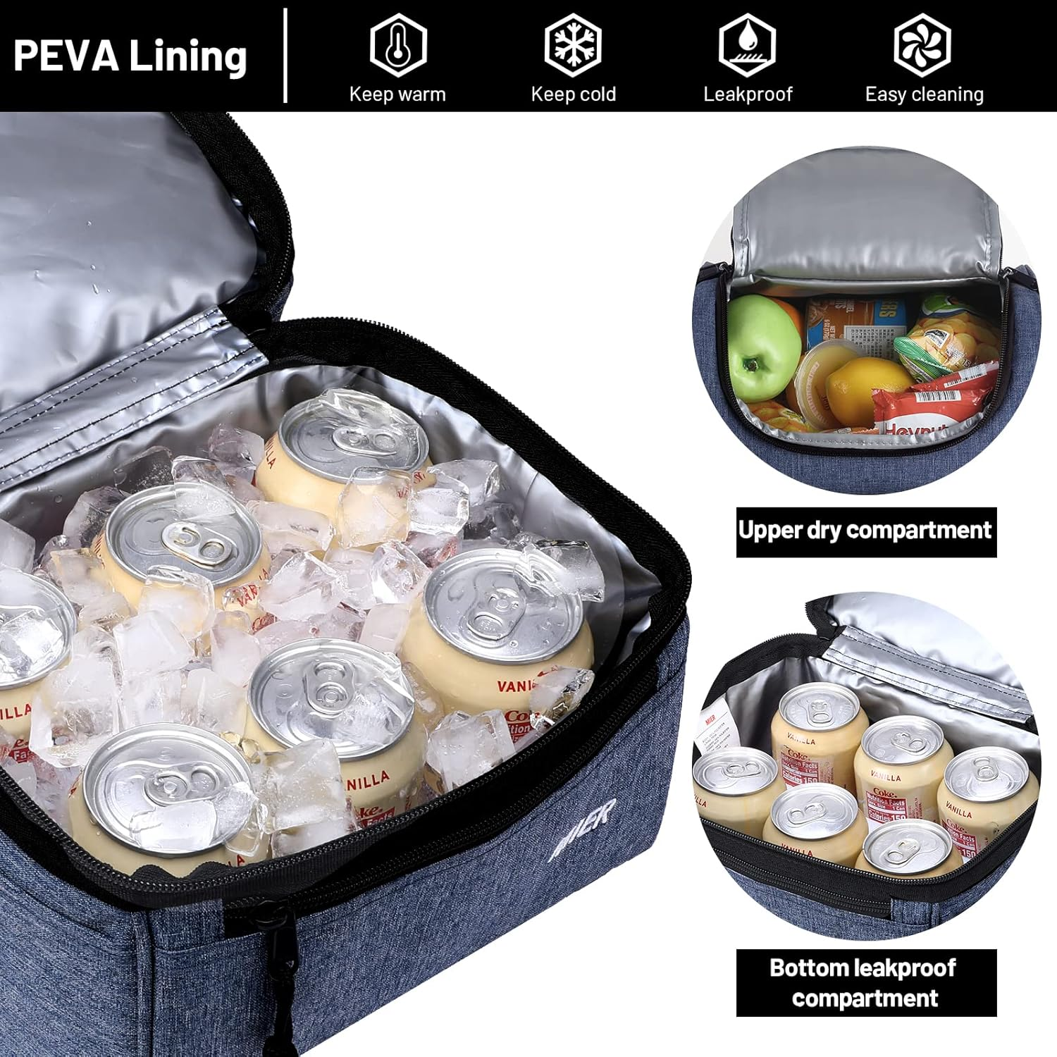 MIER Lunch Bag 2 Decks Cooler Bag Men Women Insulated Lunch Box Bag for Work Travel Picnic Daytrip, 11L, Blue image number 1