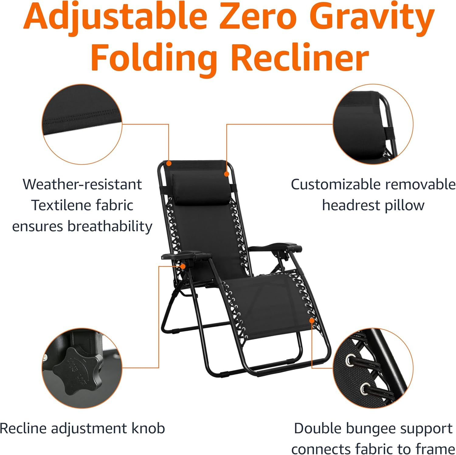 Amazonbasics Zero Gravity Chair with Side Table, Set of 2, Black - Blue image number 2