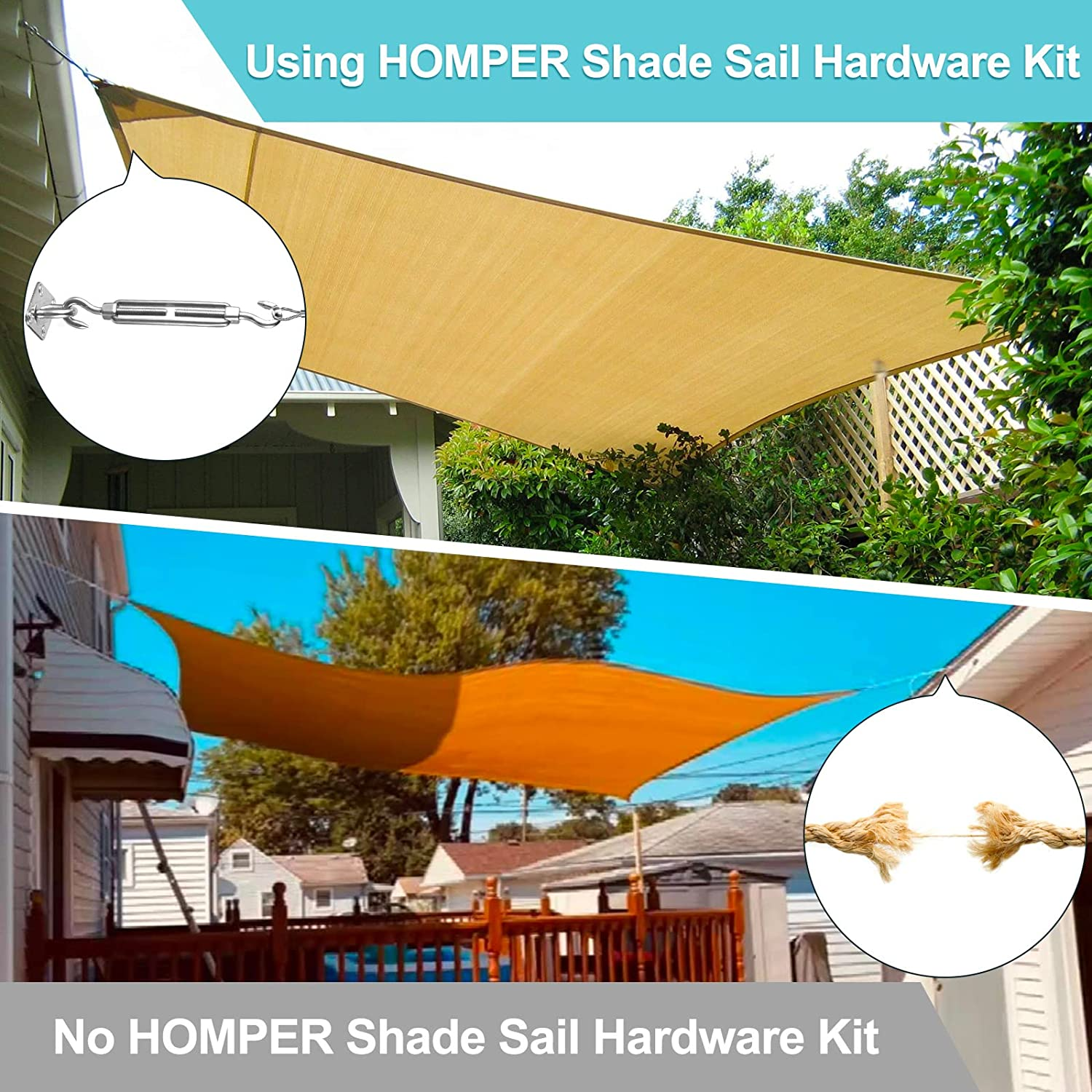 HOMPER Awning Attachment Set, Heavy Duty Sun Shade Sail Stainless Steel Hardware Kit for Garden Triangle and Square, Rectangle, Sun Shade Sail Fixing Accessories image number 5