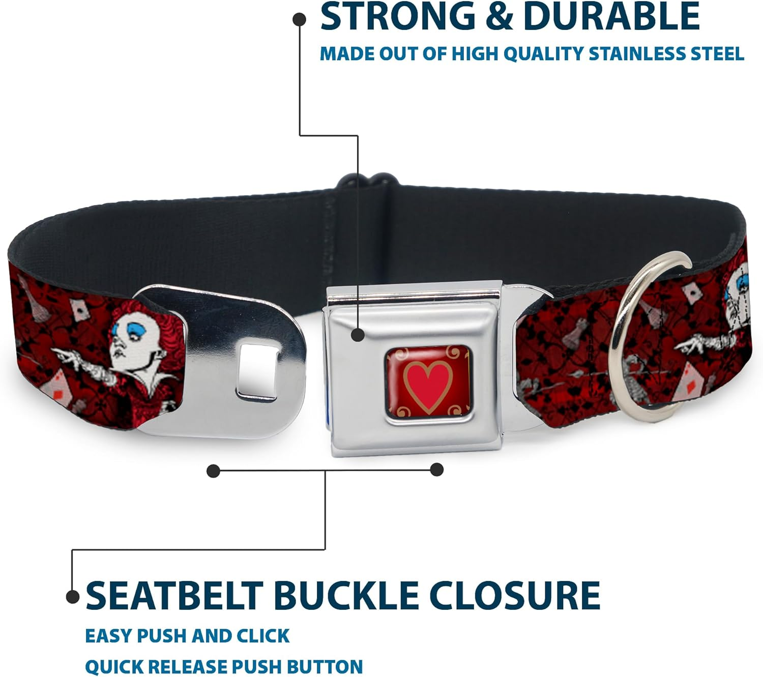 Buckle-Down Seatbelt Buckle Dog Collar - Queen of Hearts Poses/Hearts/Cards Reds/Black - 1.5" Wide - Fits 18-32" Neck - Large image number 2