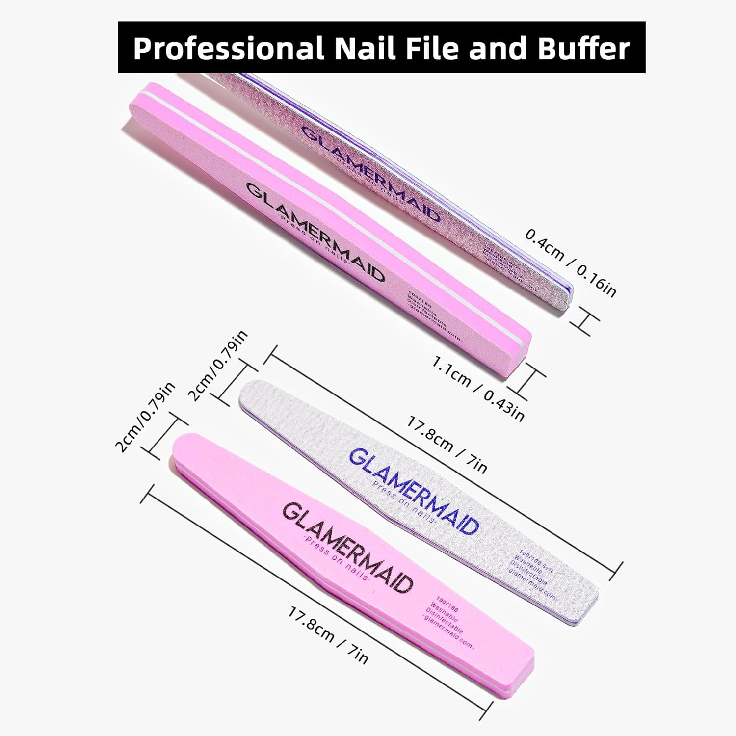 GLAMERMAID Nail File and Buffer Set, Professional Manicure Tools Kits, 100/100 Grit Nail File & 100/180 Grit Nail Buffer, Grey Nail Pedicure File and Pink Sanding Buffing Grinding Plisher File image number 3