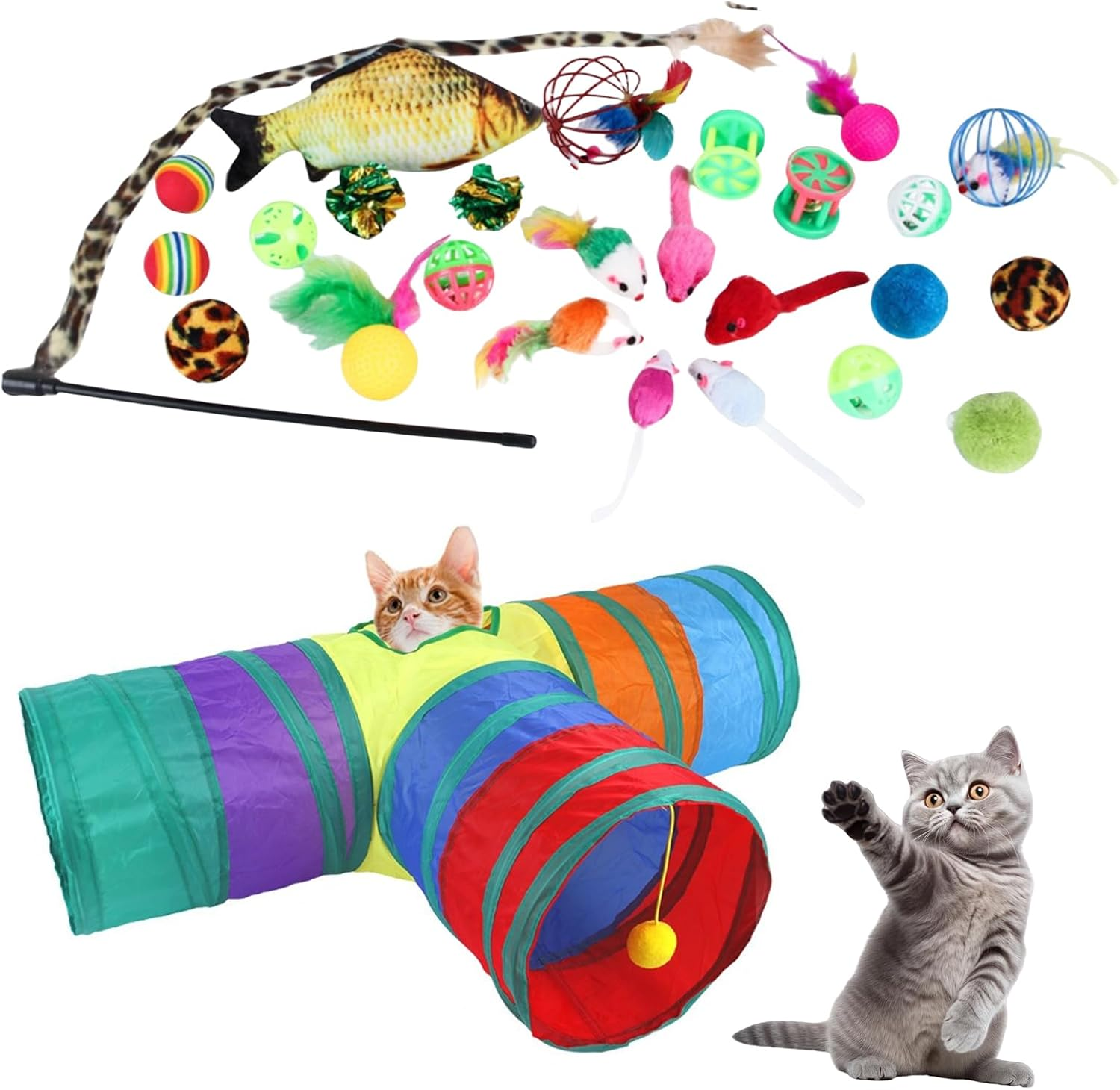 27 Pcs Cat Toys Set for Indoor Cats, Assorted Small Animal Toys with 3-Way Double-Layer Durable Cat Tunnel, Feather Teaser Wand, Fluffy Mice, Crinkle Balls, and More, Safe and Fun Interactive Toy Kit