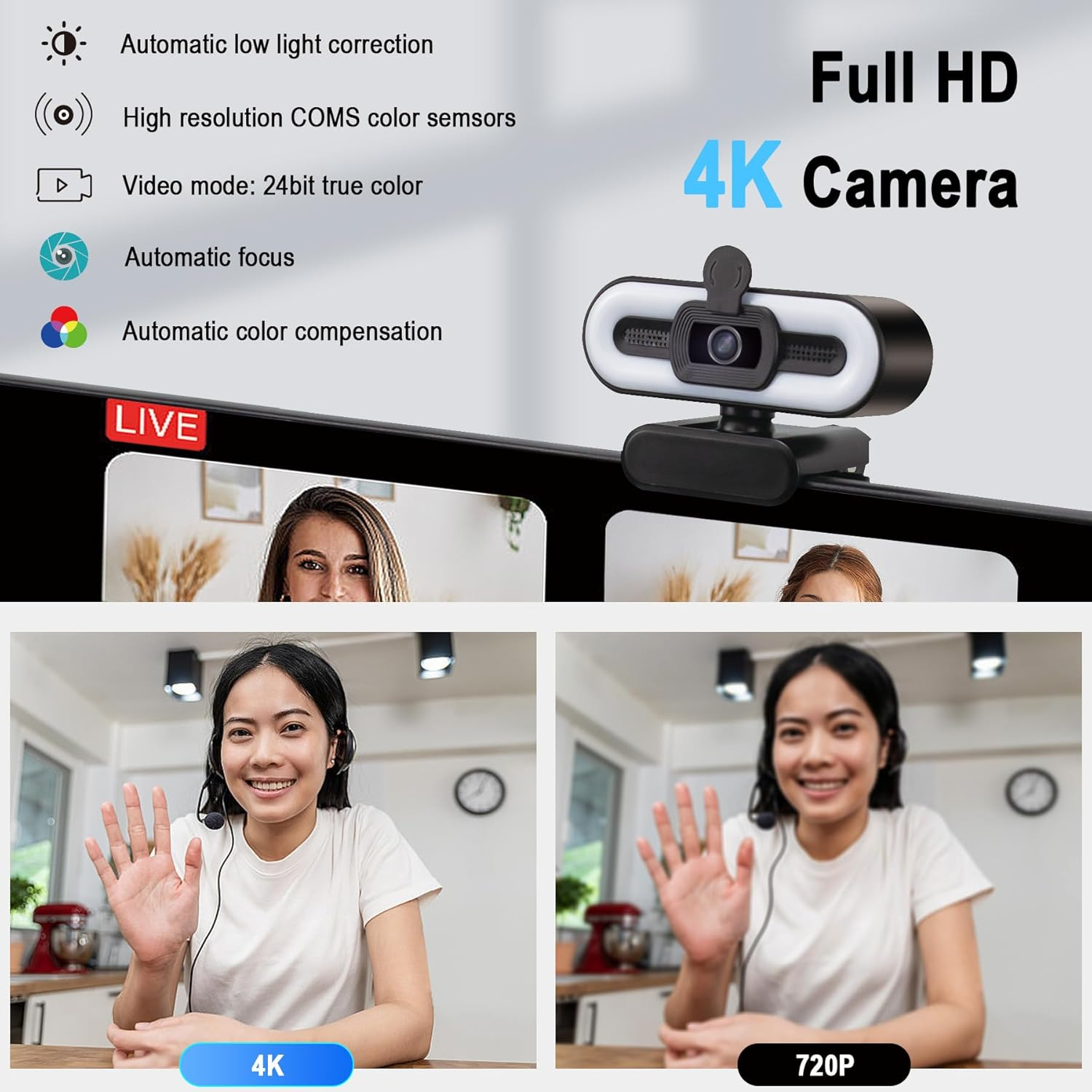 4K Webcam Streaming Webcam with Light and Privacy Cover, Noise-Reducing Dual Microphone,360 Degree Rotable Auto Focus Web Camera image number 2