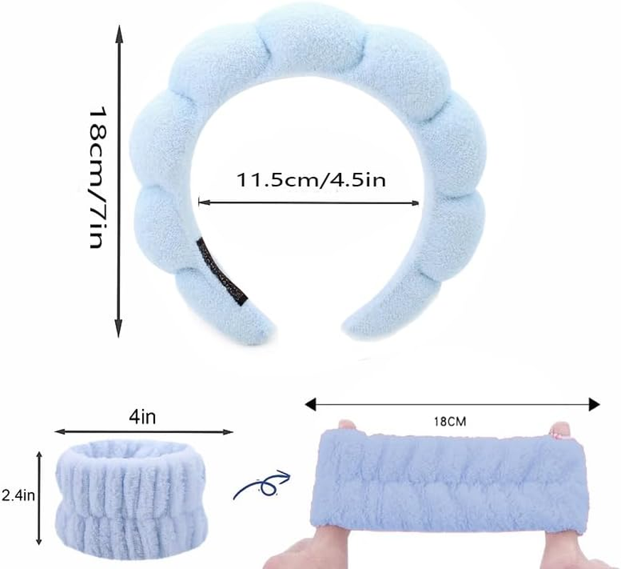 2 in 1 Sponge Spa Headband for Washing Face,Makeup Headbands for Women Girls,Wash Spa Yoga Sports Shower Head Band Terry Towel Cloth Hair Band for Skincare with Wristband Set (Blue) image number 2