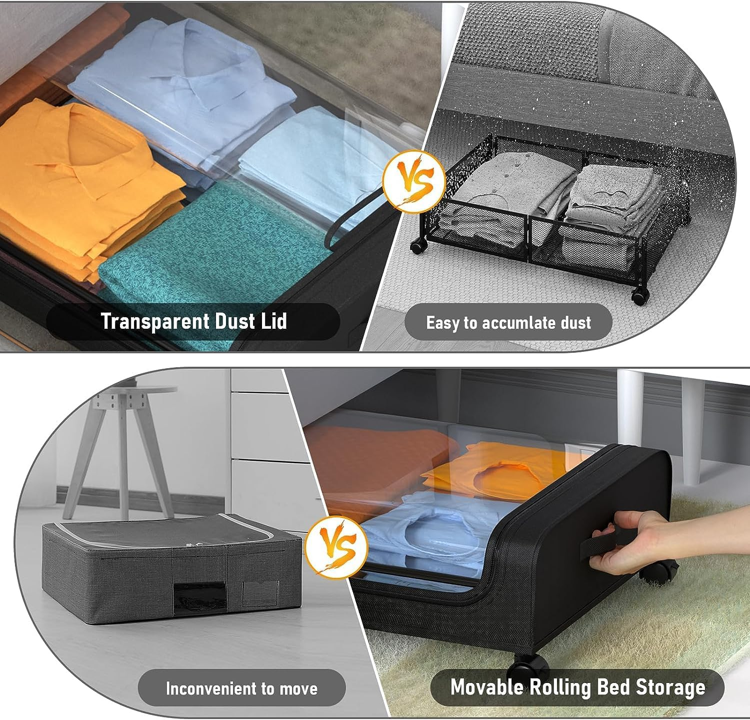 Under Bed Storage with Wheels and Lid, under Bed Rolling Storage with 50L Large Capacity, under the Bed Storage for Bedroom under Bed Storage Containers for Clothes Shoe Blanket Toy Book (Black) image number 6