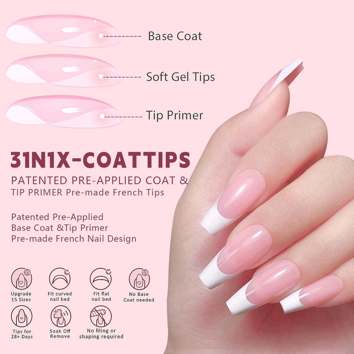 Nail Tips Set, 150 PCS Nail Tips for Acrylic Nails, Full Cover French Ballerina Nail Tips Fake Nails, Soft Gel Fake Nails Tips, Soak off Fake Nail for Nail Tips Art Salons and Home DIY, 021 image number 1