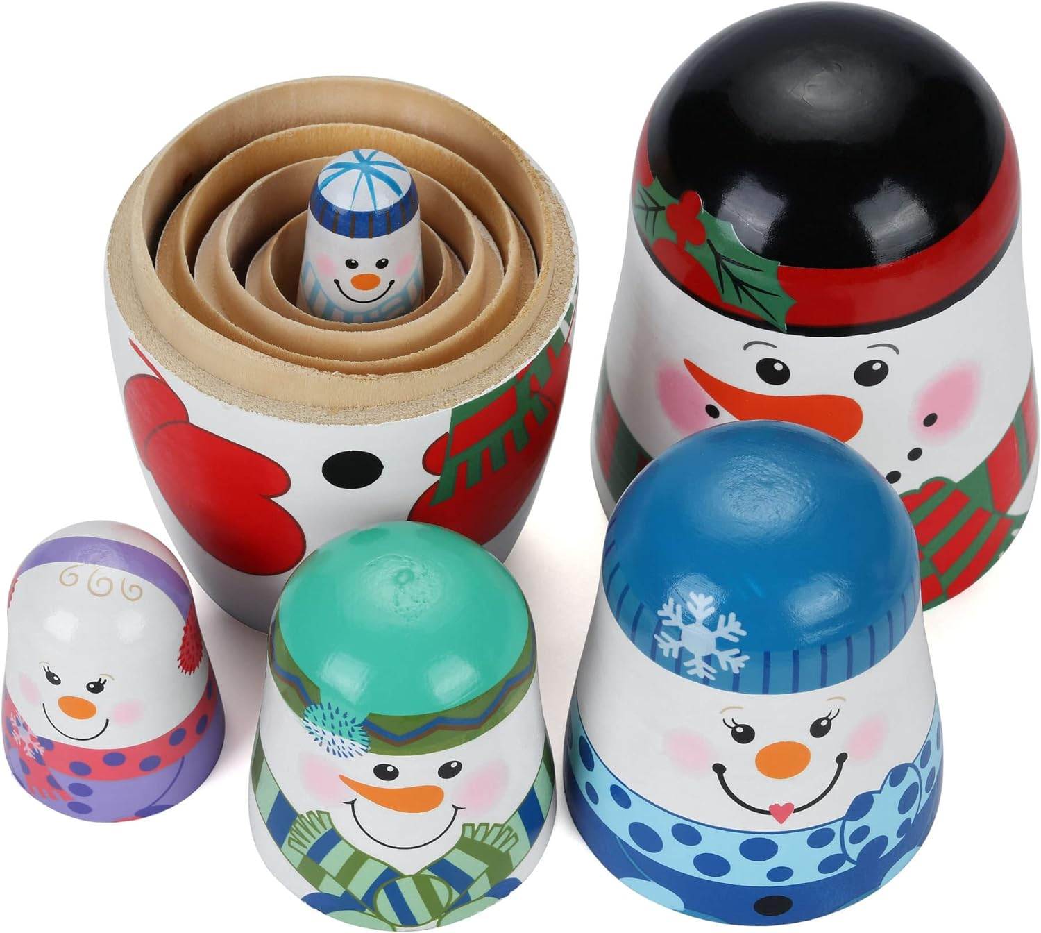 Yoption 5Pcs Russian Matryoshka Dolls Handmade Wooden Snowman Nesting Dolls Set for Kids Christmas Birthday Toy Gift (Snowman) image number 2