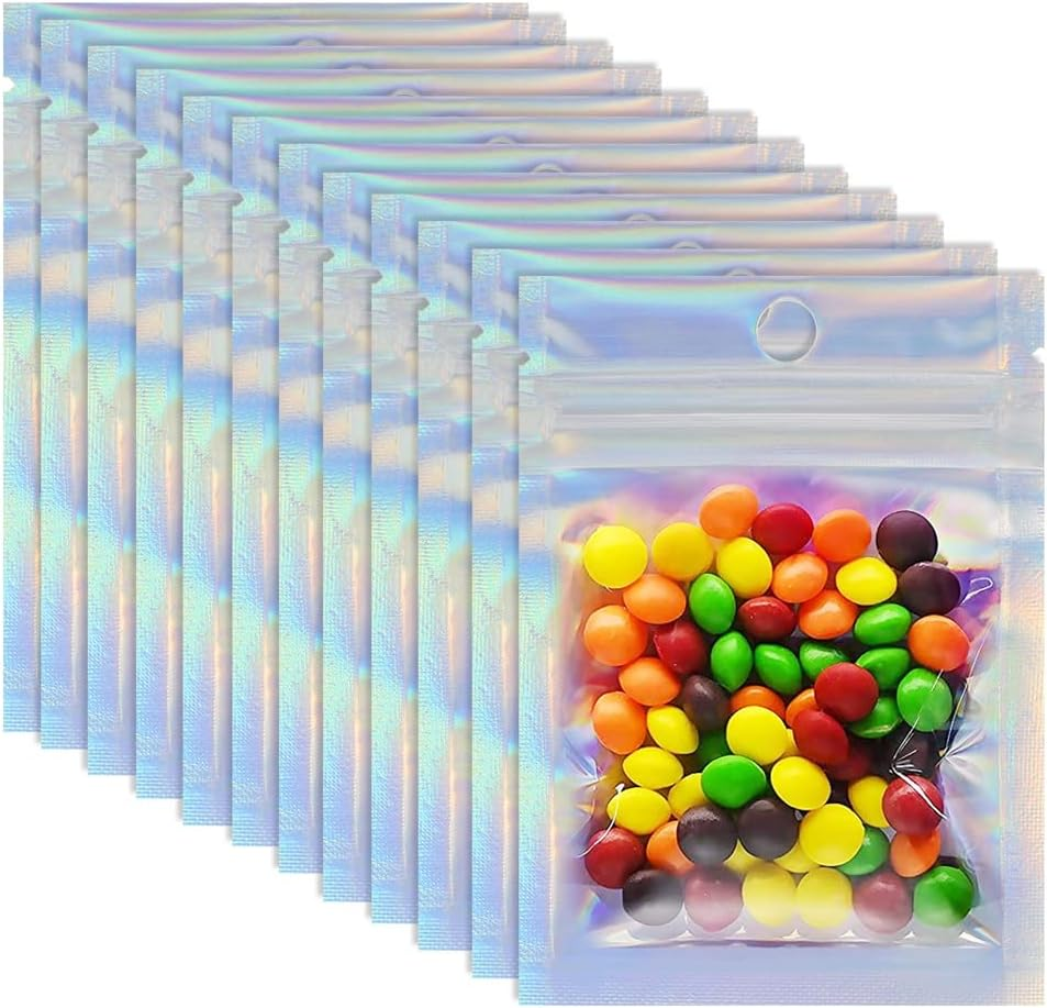 50PCS Food Storage Pouch Holographic Resealable Mylar Zip Aluminum Foil Bag (9X16Cm) image number 5
