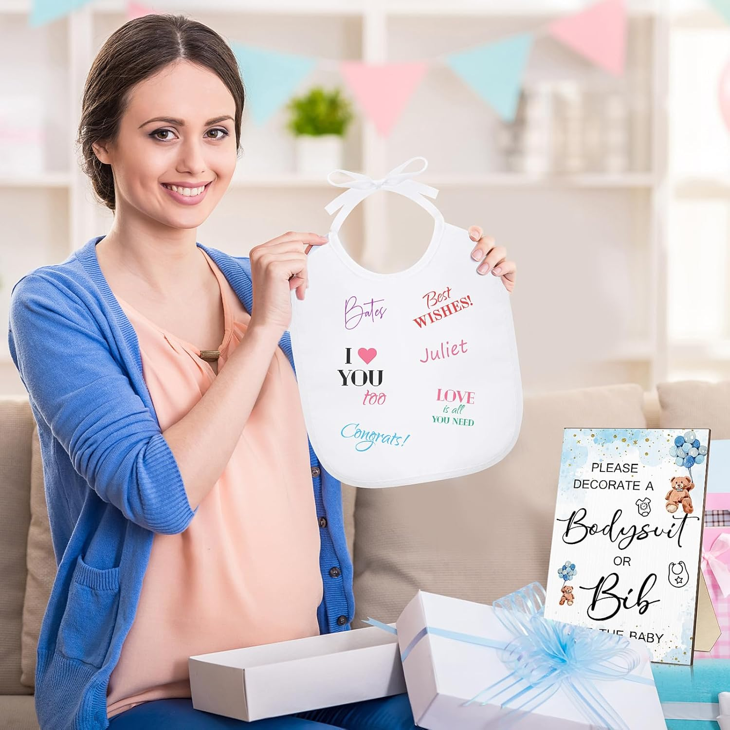 Roowest 35 Pcs Baby Shower Bibs Games Design Wooden Baby Shower Party Game Sign DIY Bodysuit Sign 15 White Blank Feeder Bibs 9 Newborn Bodysuit 10 Markers for Boys Girls(Bear)