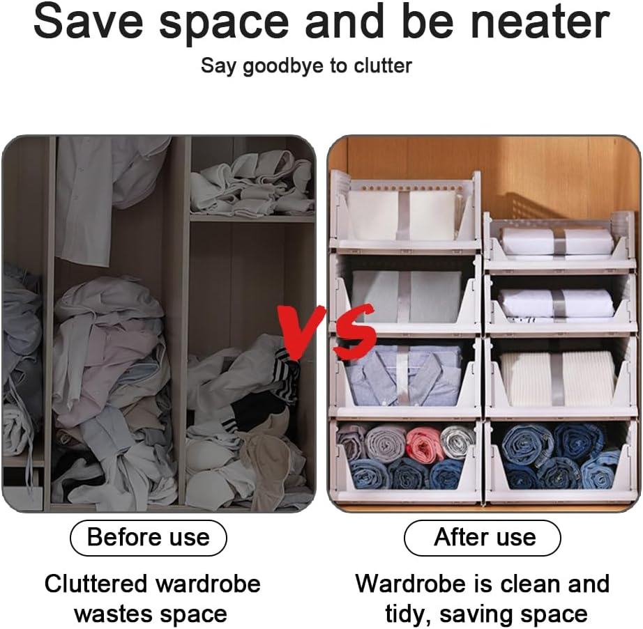 3 Pack Stackable Clothes Storage Folding Wardrobe Storage Box Basket Organizer Bins Sliding Cabinet Drawer Shelf for Wardrobe Cupboard Kitchen Bathroom Office (White) image number 1