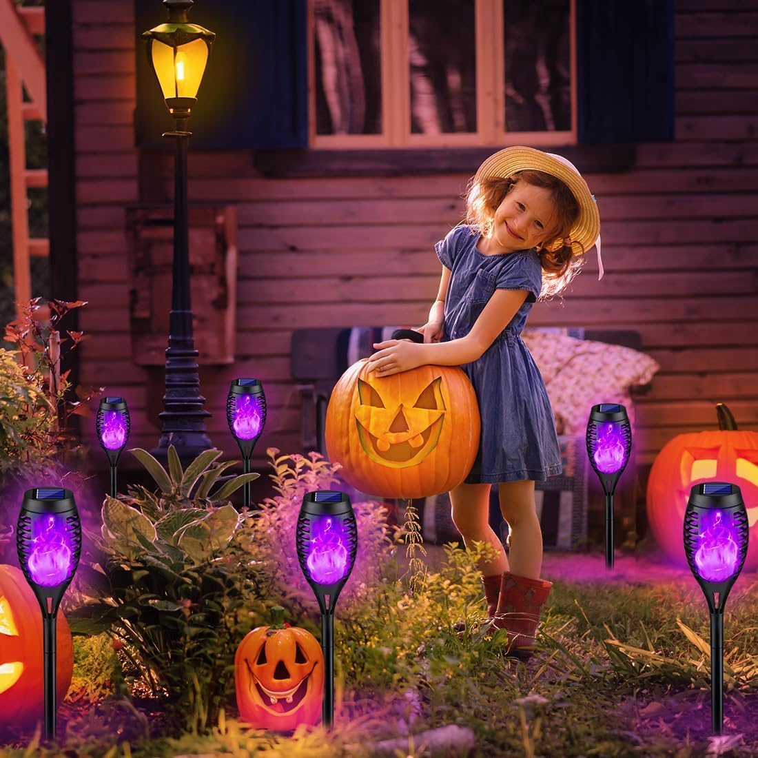 Outdoor Halloween Decorations, 8Pack Solar Lights with Purple Flame for Decor, Waterproof Outdoor, Pathway outside Yard Decorations Lawn image number 6