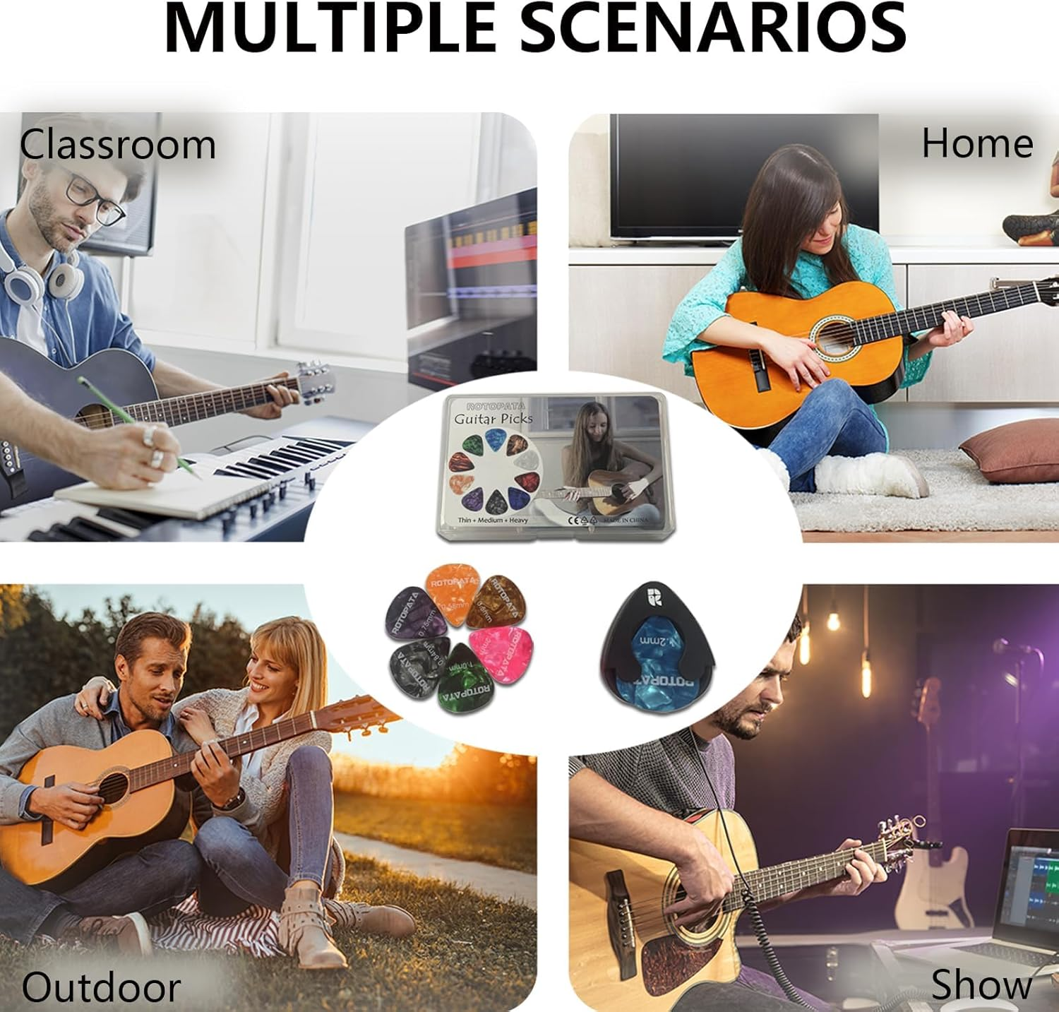 Guitar Picks Plectrums with Picks Holder and Storage Box 0.58 0.84 1.2 Mm Includes Thin Medium Heavy Thickness, Variety Colorful Celluloid Plectrums for Bass Electric Acoustic Guitars Ukulele (12)