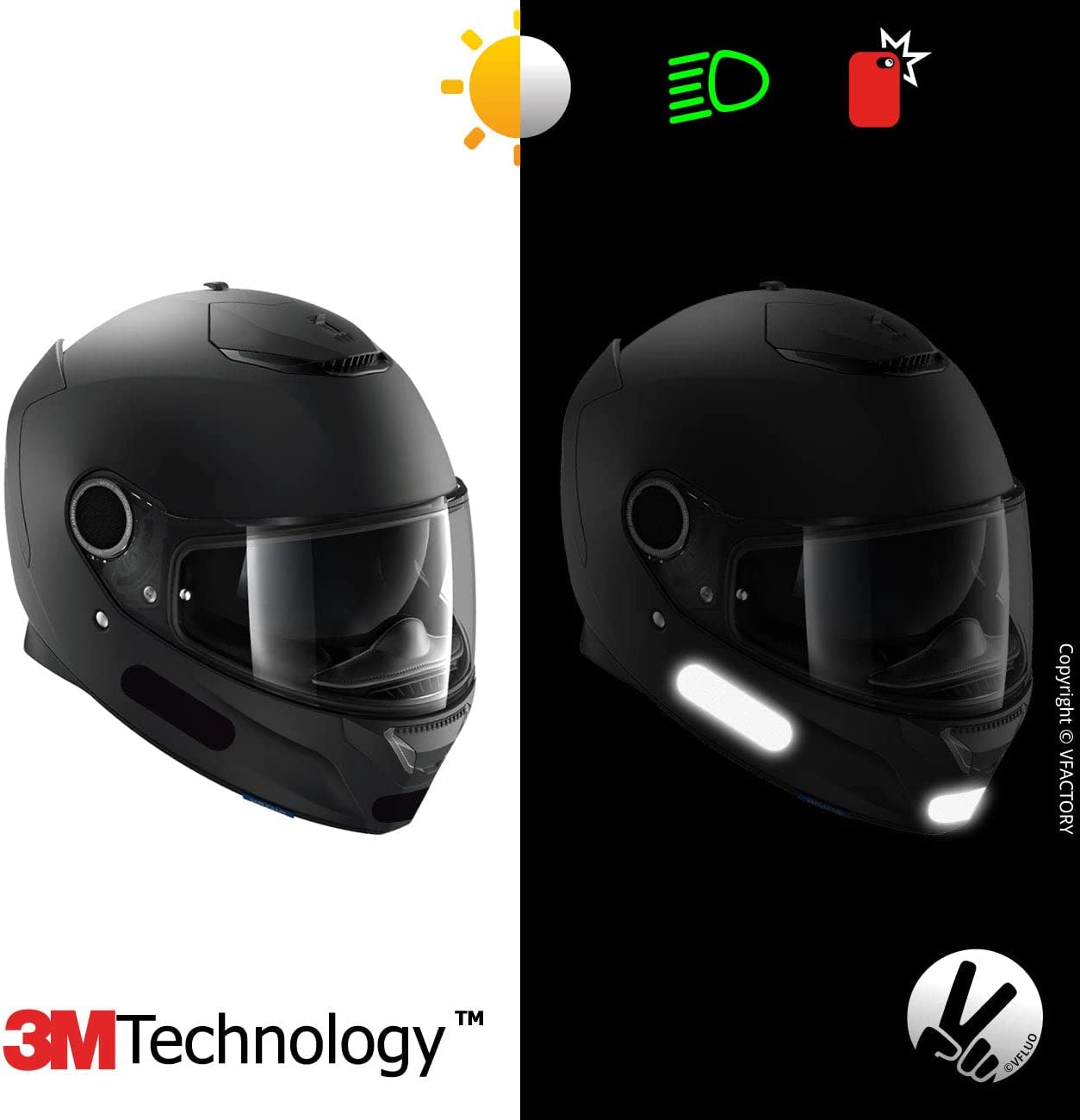VFLUO - Kit 4 Retro Reflective Stripes Stickers for Mortorcyle Helmet - Stickers Approved to FR Dimension - High Visibility, 3M&trade; Technology - Discreet and Design - Maximum Grip - Set of 4 image number 2