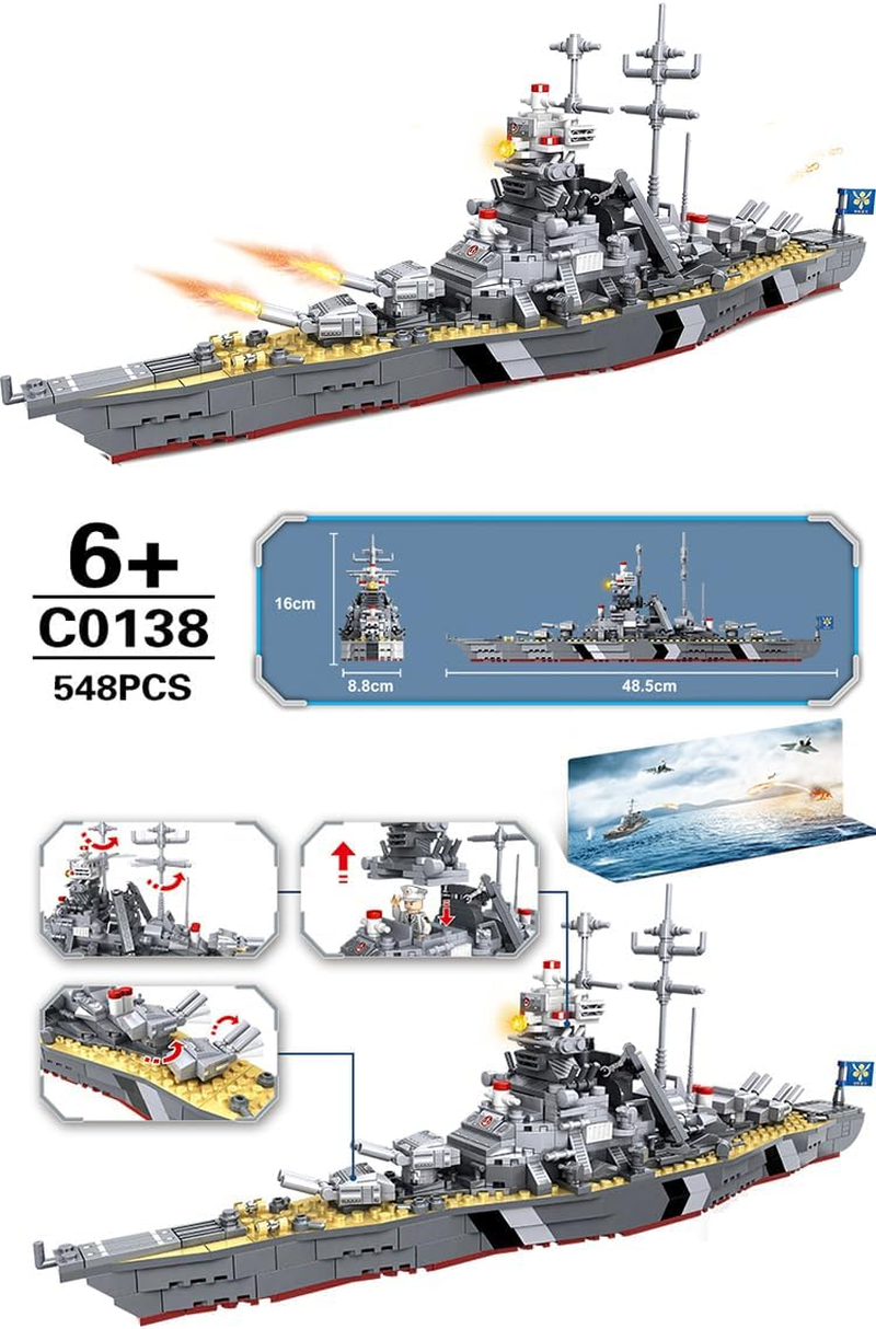 Battleship Bismarck Building Blocks (538 PCS), WW2 STEM Military Model Brick Toys, Military Bismarck Class War Ship Building Blocks Kit, Toys for Kits or Adult. image number 3