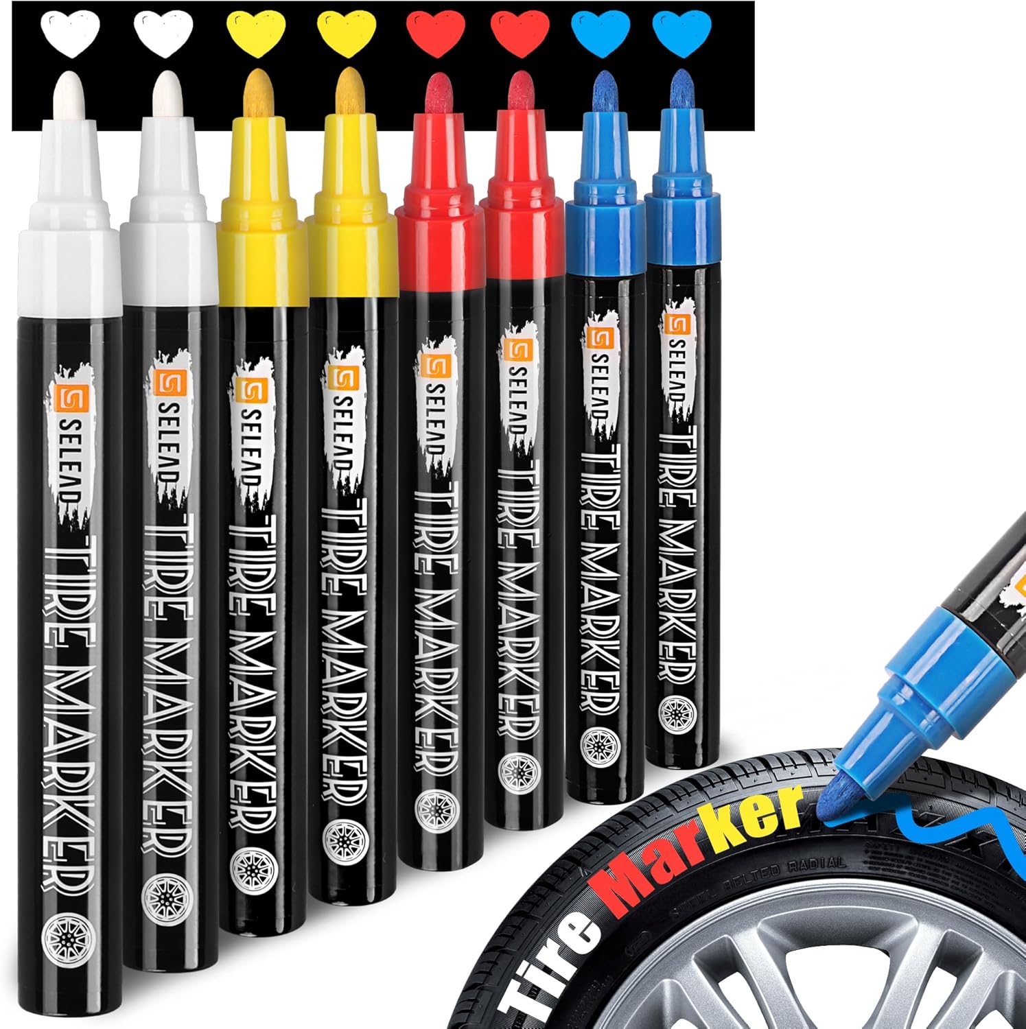 SELEAD Tire Marker White - 8 Pack Paint Pens for Car Tires Lettering, Premium Professional Oil-Based Ink, Waterproof Non-Fading Permanent Markers