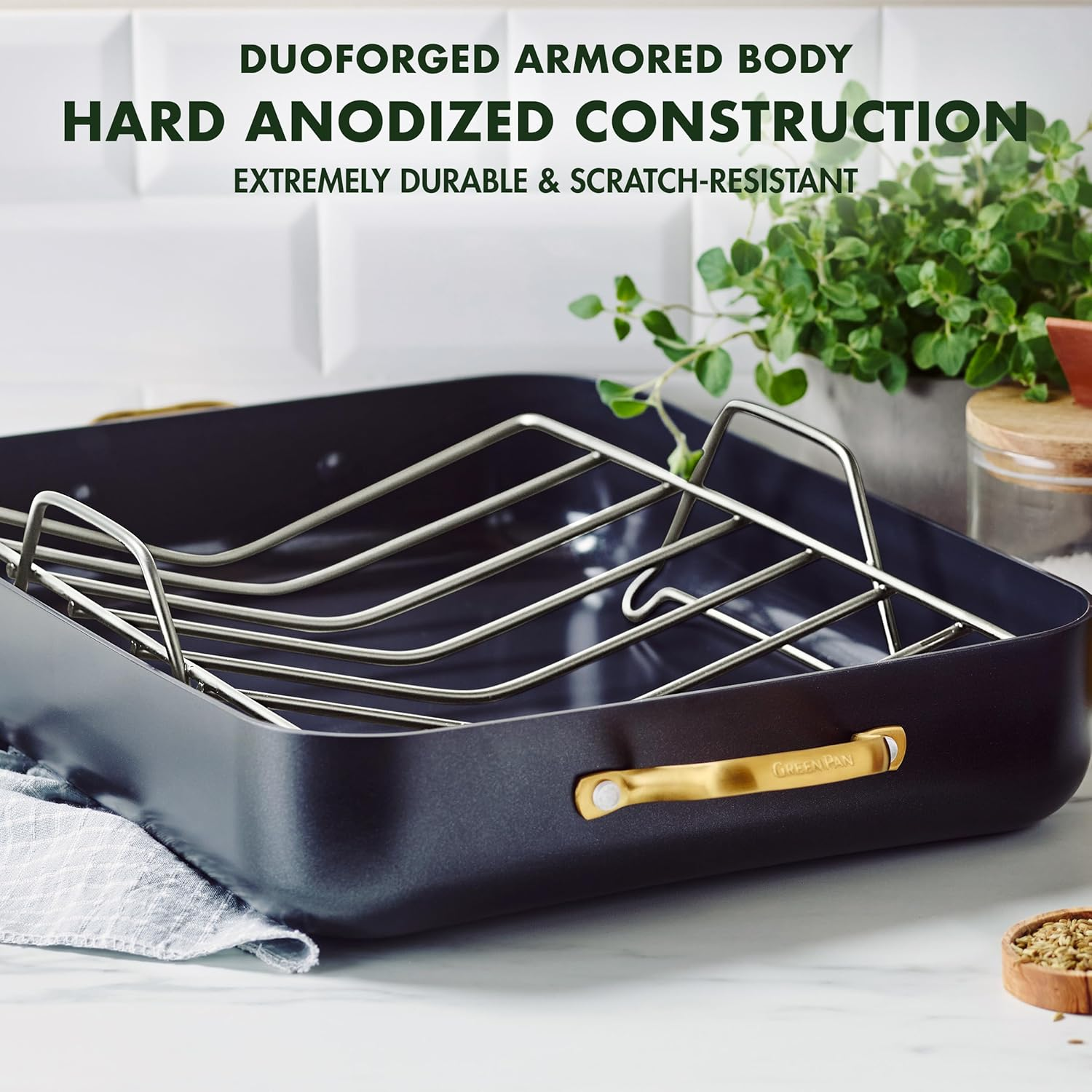 Greenpan Reserve Hard Anodized Healthy Ceramic Nonstick 40 X 33 Cm Roasting Pan with Stainless Steel Roaster Rack, Gold Handles, Pfas-Free, Dishwasher Safe, Oven Safe, Black image number 3