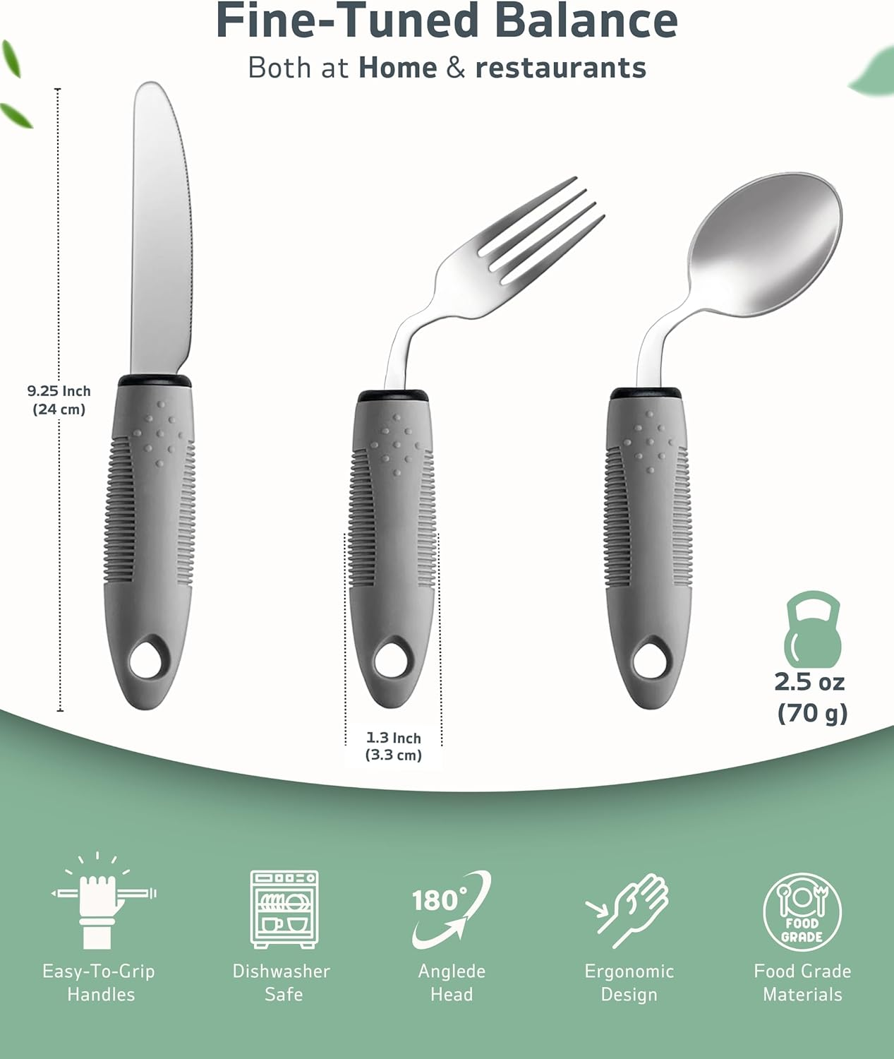 Adaptive Utensils Set (3-Piece) &ndash; 42&deg; Angled, 3 Oz Weighted Silverware for Parkinson'S, Hand Tremors and Arthritis &ndash; Easy-Grip Ergonomic Eating Aids (Left-Handed) image number 4