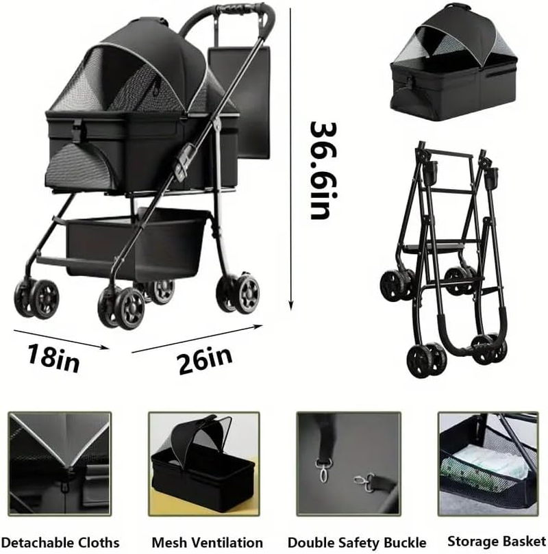 MINYII Pet Stroller Premium 3-In-1 Multifunction Jogger Stroller for Medium Small Dogs Cats Folding Lightweight for Travel with Detachable Carrier,98X65X45Cm Portable Pet Stroller for Injured Pet Gift (Black) - Blue image number 3