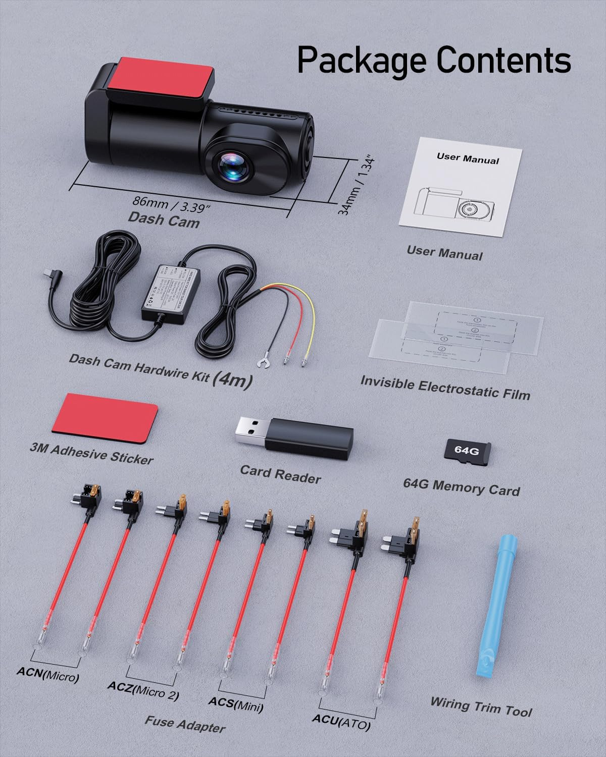 Range Tour 3K Dash Cam Front Wifi Car Camera with 64G Card and 3-Core Hardwire Kit for 72 Hours Parking Monitor, 0.96" Display Driving Recorder, APP Control, HDR 2.0, Loop Recording, Night Vision