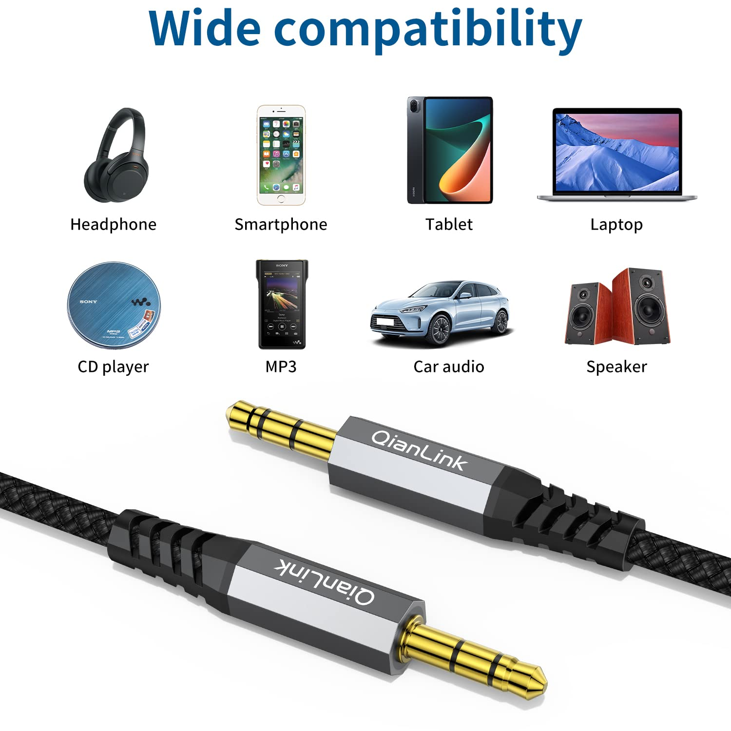 2 Pack AUX Cable,Auxiliary Cable（1.6Ft/0.5M, Hi-Fi Sound）3.5Mm TRS Auxiliary Audio Cable Nylon Braided Aux Cord Compatible with Car,Home Stereos,Speaker,Ipod Ipad,Headphones,Sony,Echo Dot,Beats(Grey) image number 4