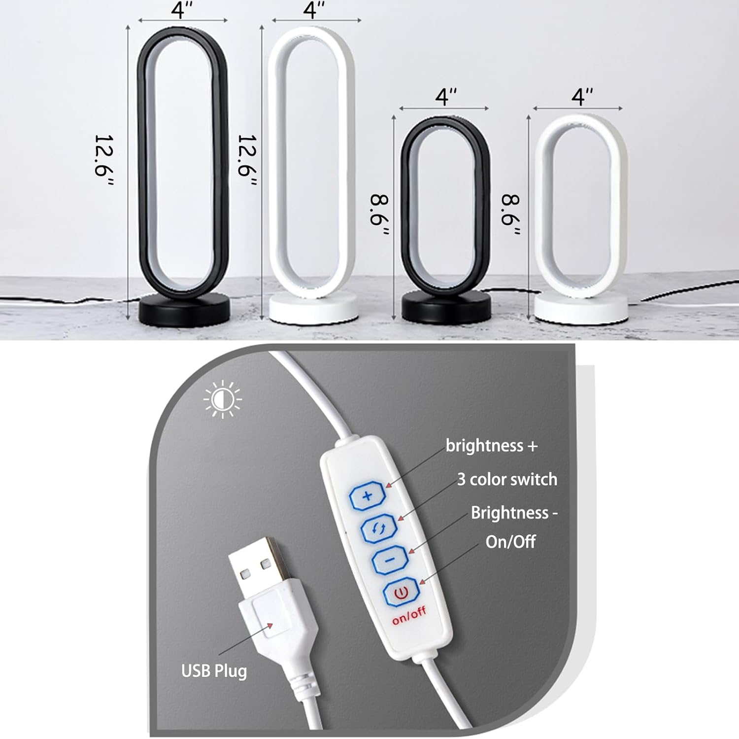 Small Modern Bedside Table Lamp, LED Oval Bedside Night Light, 3 Color Temperatures and 10 Brightness Levels, 8.6'' Desk Lamp for Bedroom, Living Room, Reading Lamp, Home Decoration, Black image number 3