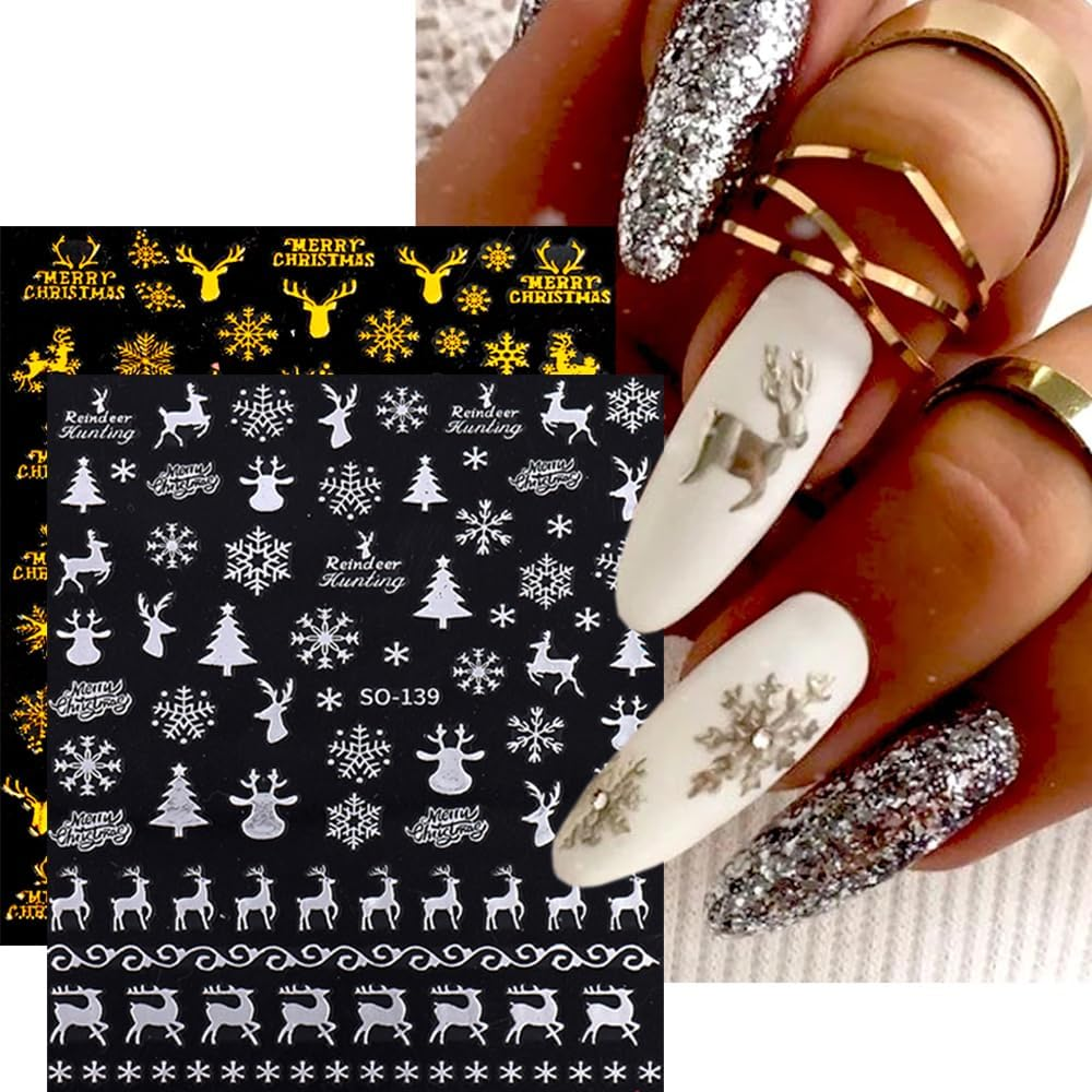 Christmas Nail Stickers, 8 Sheets, Self-Adhesive Snowflake 3D Gold Silver Snowflake Nail Stickers, Winter Nail Art Decals Design, DIY Decoration image number 4
