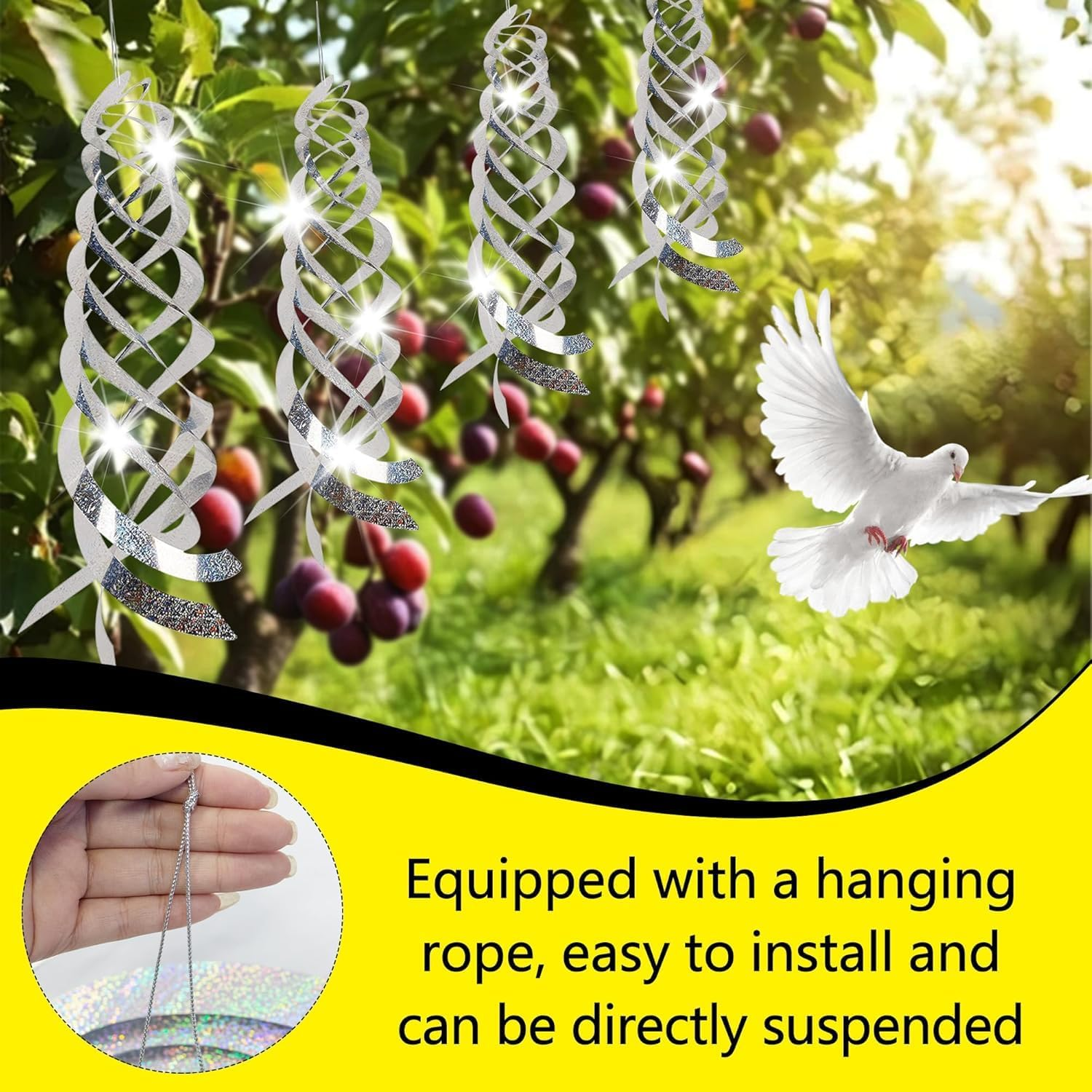 8Pcs Spiral Reflective Bird Repellent Discs &ndash; 17.8" Wind-Activated Deterrent, Silver Hanging Ornaments for Garden, Yard, Balcony & Window Bird Control image number 2