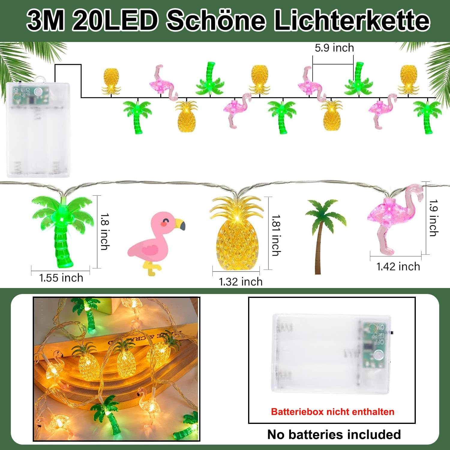 Foanlerck 3 M 20 LED Fairy Lights with Pineapple Flamingo Palm Trees Fairy Lights Bedroom Decoration, Battery Operated, Fairy Lights for Summer Party Decoration Beach Tropical Party Decoration image number 4