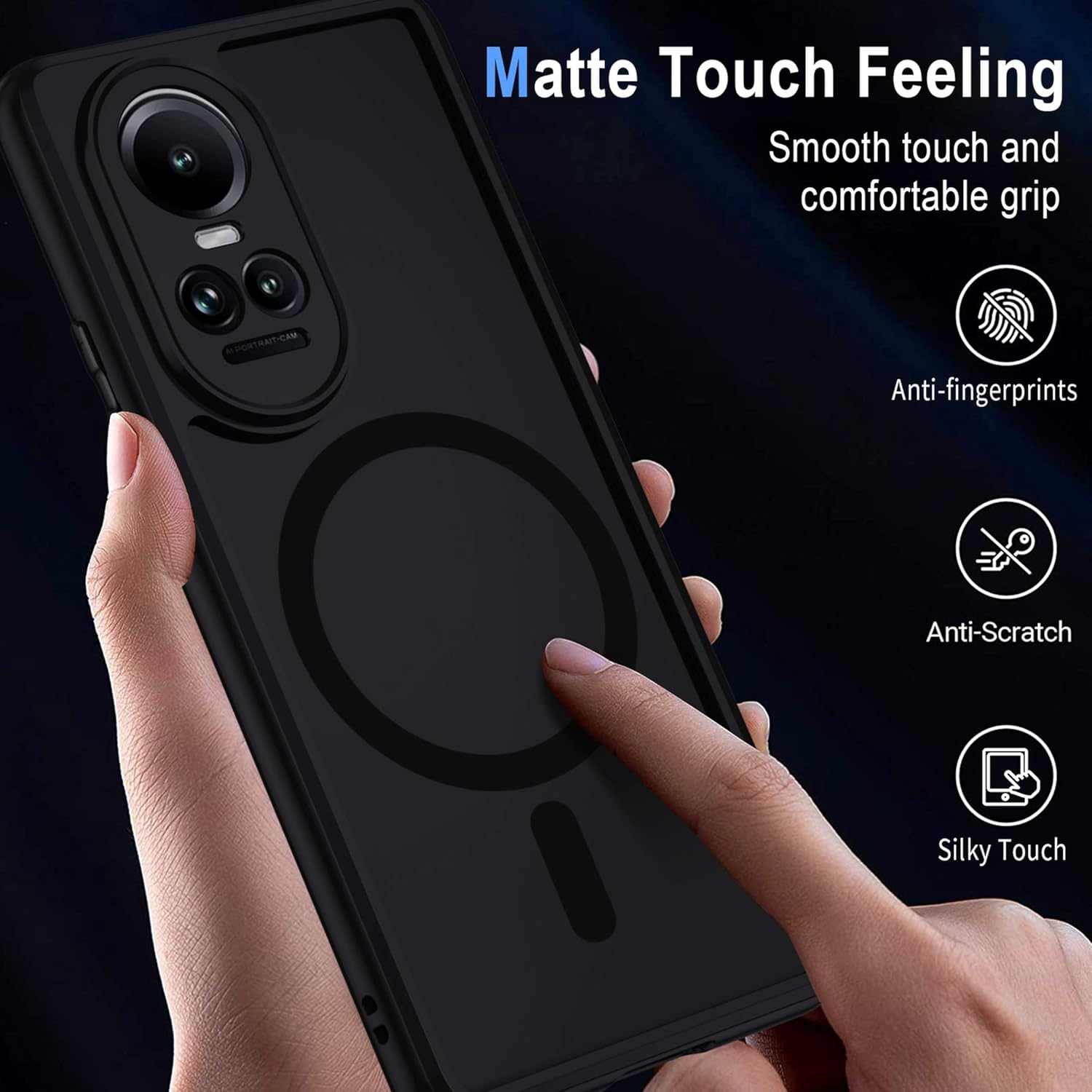 XTCASE for Oppo Reno 10 / Reno 10 Pro 5G Case Magnetic Compatible with Magsafe, Matt Translucent Mobile Phone Case for Oppo Reno 10 / Reno 10 Pro 5G Scratch-Resistant PC Back + TPU Bumper - Black image number 1