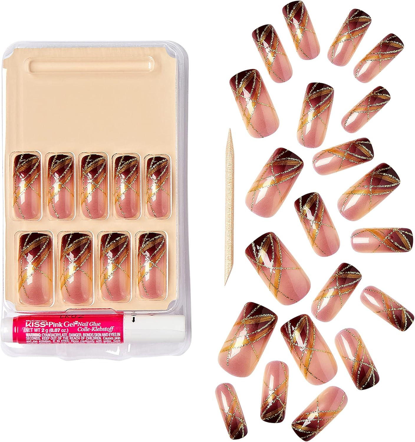 KISS Gold Finger Gel Glam Press on Nail Dark Brown Glitter French Full Cover Luxurious Design, Square Shape, Medium Length, Mini Glue Included Gf64 image number 4