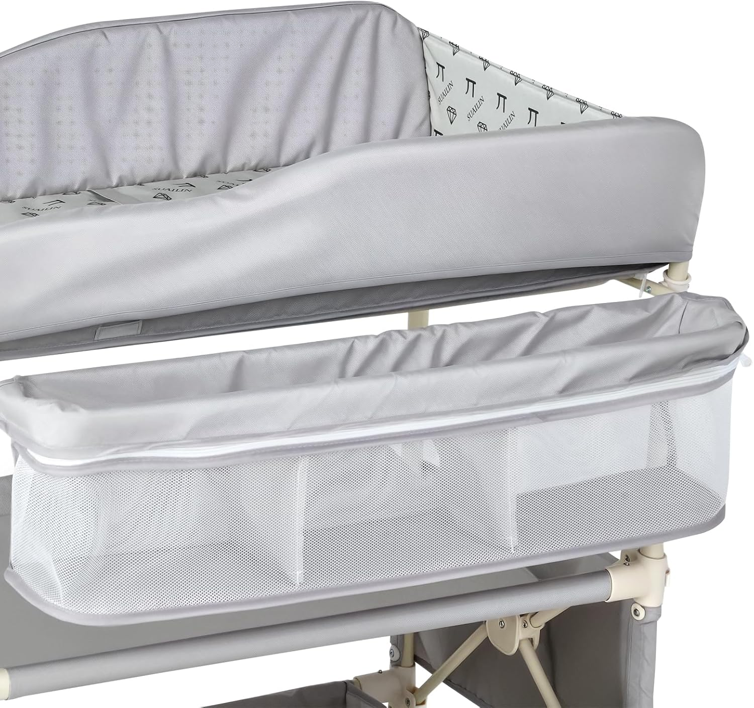 Baby Changing Table, 4-In-1 Infant Diaper Station with 4 Adjustable Height & Large Storage Basket, Foldable Nursery Organizer with 4 Lockable Wheels & Safety Belt for Toddler Newborn image number 3