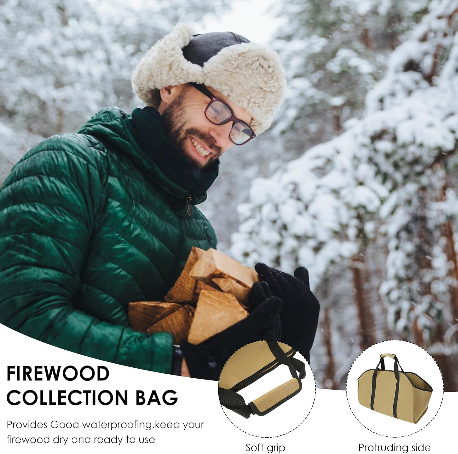 UKQRRTC Firewood Carrier Bag, Sturdy Oxford Cloth Log Carrier, Waterproof, Foldable Wood Carrier for Indoor or Outdoor Camping (Khaki) - Green image number 7