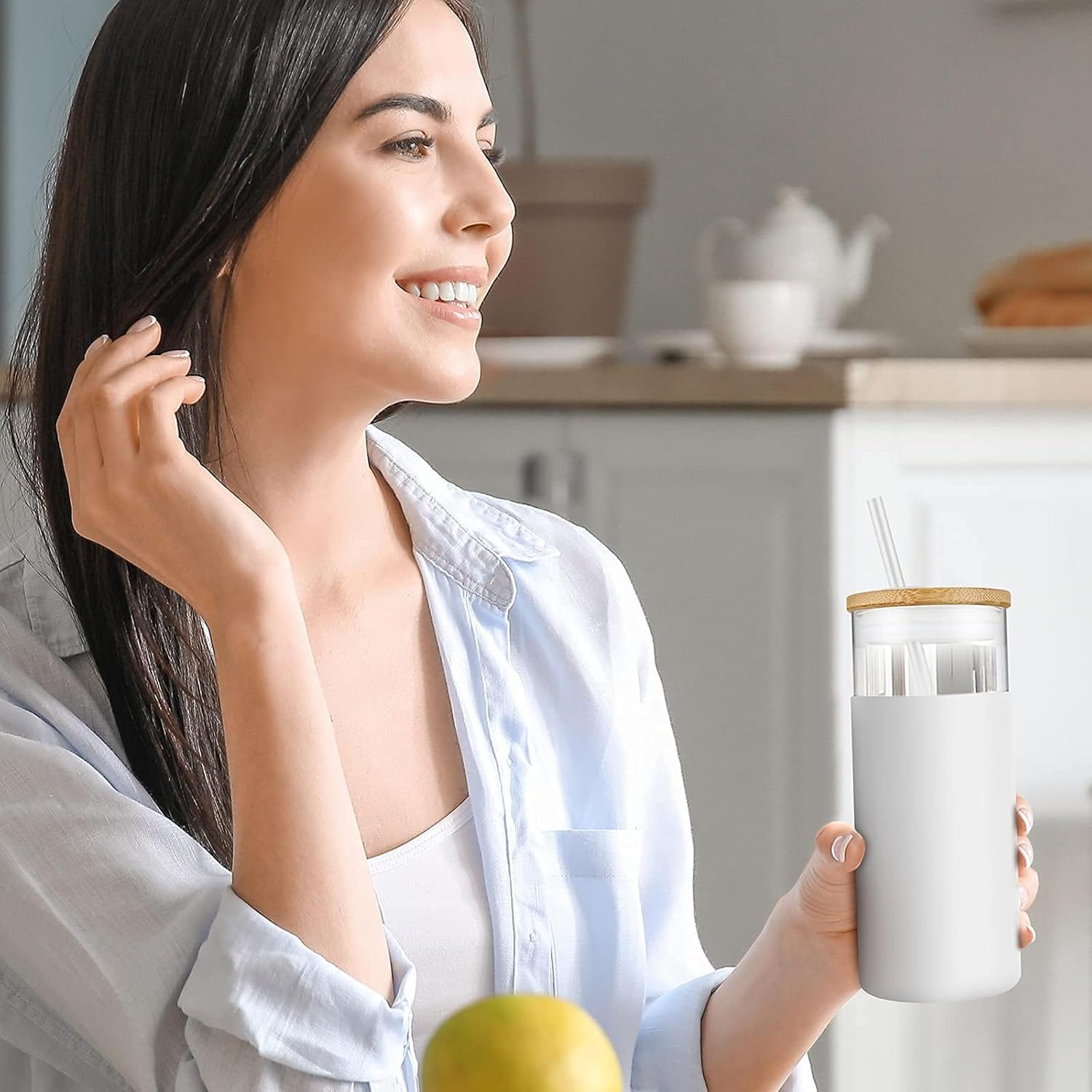 Tronco 20 Oz Glass Tumbler with Lids and Straws, Glass Water Bottle Silicone Protective Sleeve, Iced Coffee Cup with Bamboo Lid, Reusable Smoothie Cup, BPA Free (Blue Horizon 1 Count) image number 2