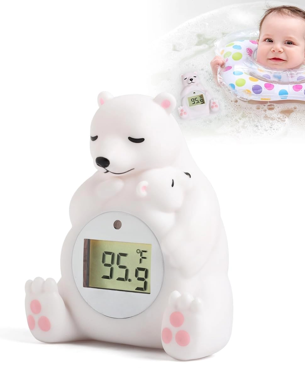 Baby Bath Thermometer - Floating, Auto Sleep Mode, Adjustable Alerts, Safety Certified - Cute Polar Bear